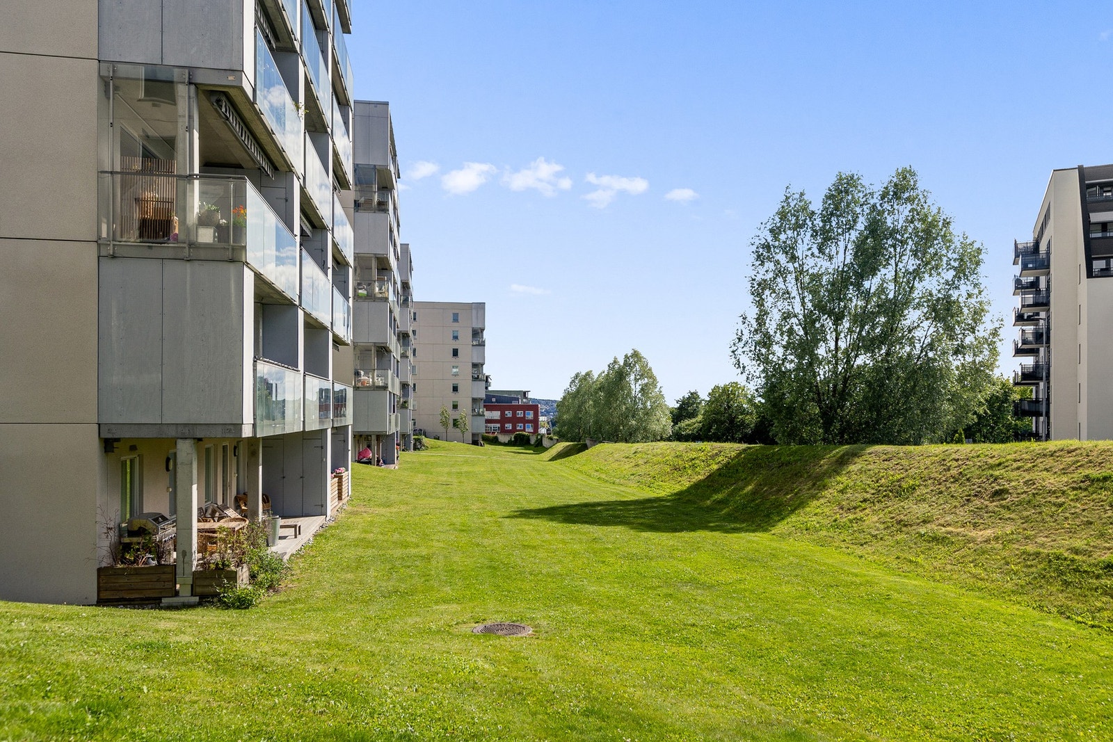 Felles eiet tomt opparbeidet med blandt annet asfalterte adkomstveier, gressplen samt diverse beplantning. Galleribilde