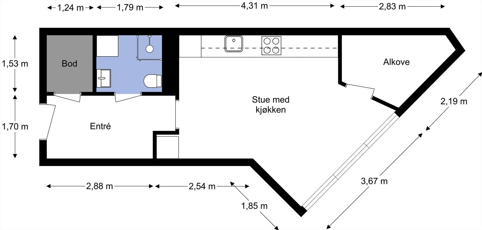 Dagens planløsning med mål. Galleribilde