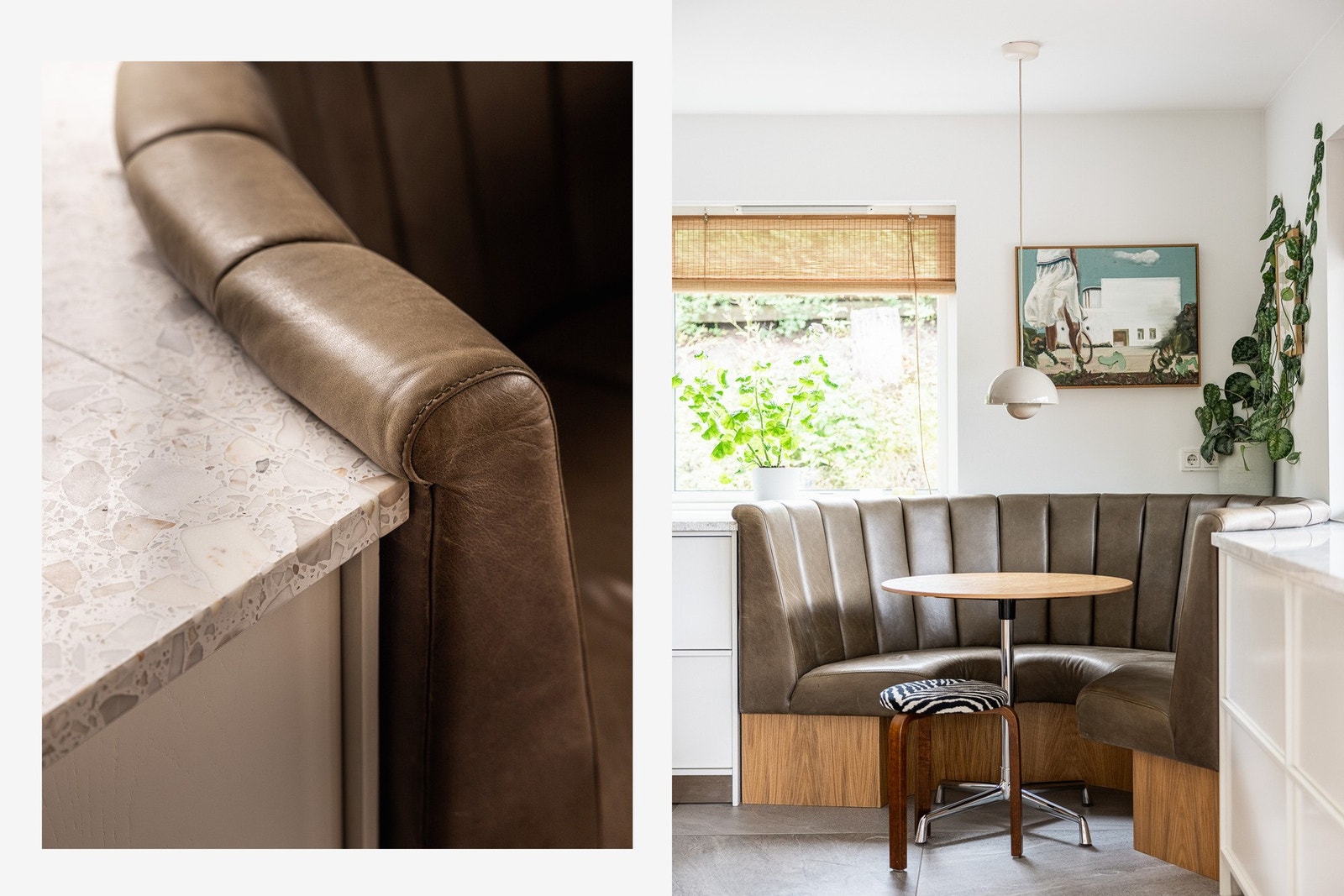 Spesialbygd sofa i grønt skinn på kjøkkenet åpner for sosiale sammenkomster Galleribilde