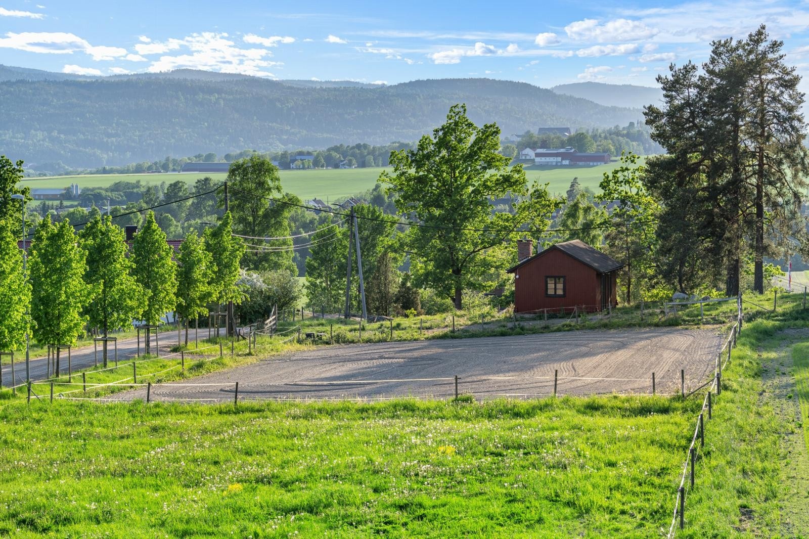 Fra våningshuset ser man ned på et beite, en ridebane og lengst nederst en smie bygget i 2015 på gammel måte. Smia ligger på en idyllisk furulund - perfekt som hestebeite. Galleribilde