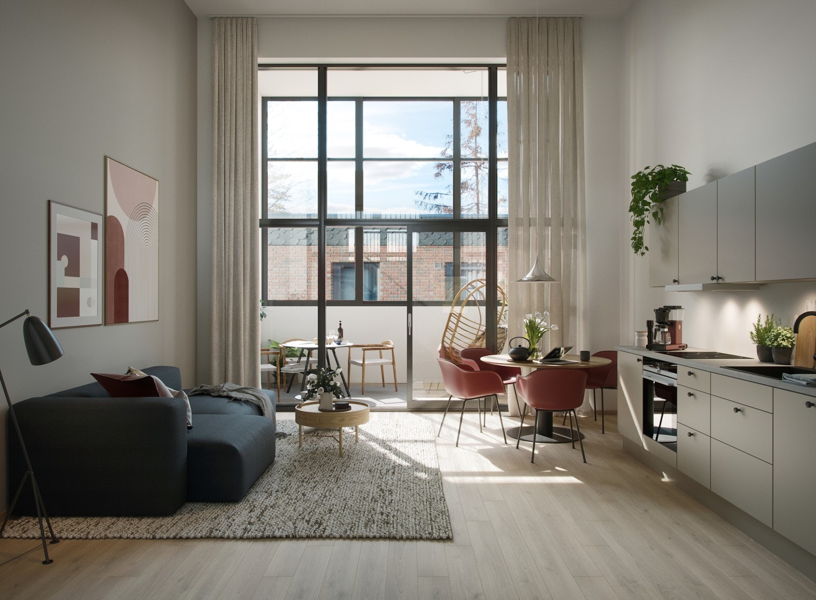 Leiligheten vil få en imponerende takhøyde på ca. 450 cm i stue og kjøkken, mens hemsen vil ha en takhøyde på ca. 190 cm. Illustrasjon kan avvike fra leveranse. Galleribilde