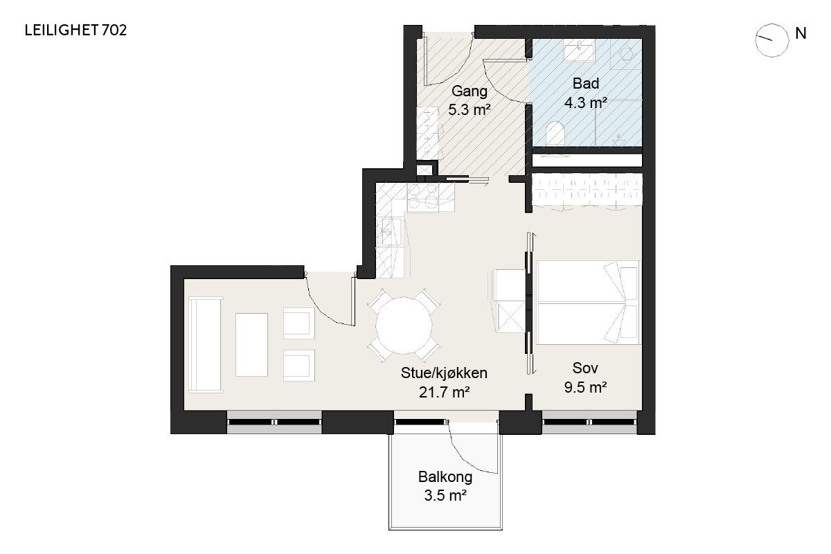 Plantegning av leilighet 702 i 7. etasje. Galleribilde