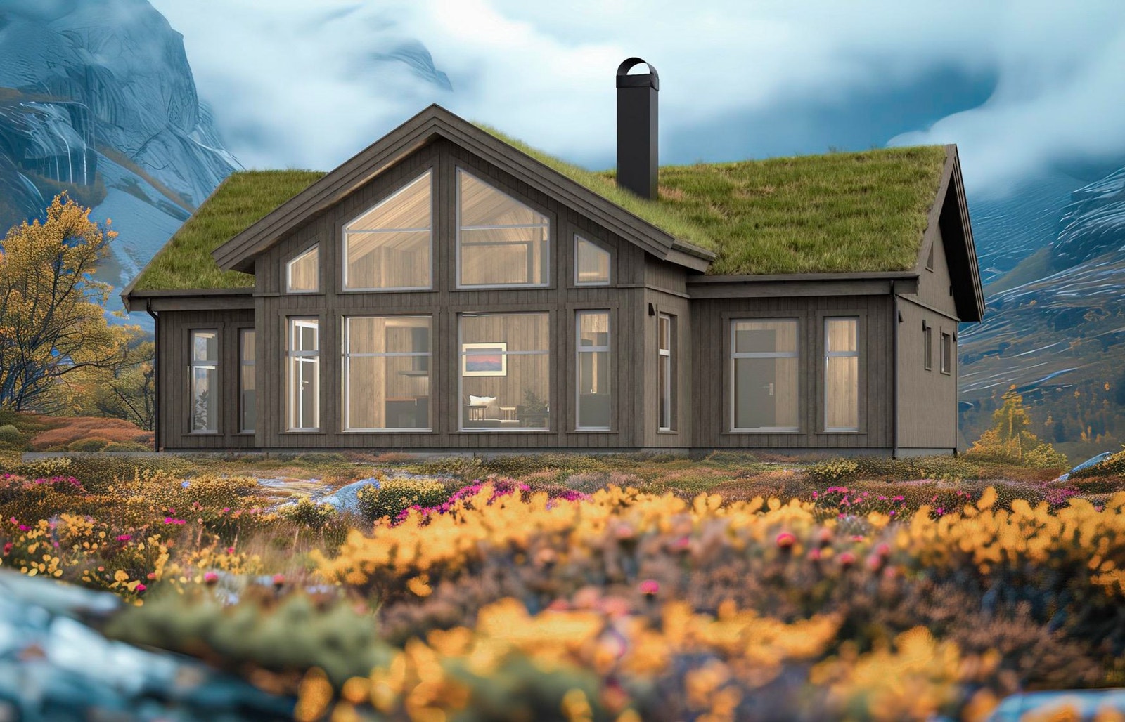 Polar Max modellene har en bred stuedel som gir enda bedre utnyttelse av utsikten!
Illustrasjon, her med torvtak og i et annet miljø Galleribilde