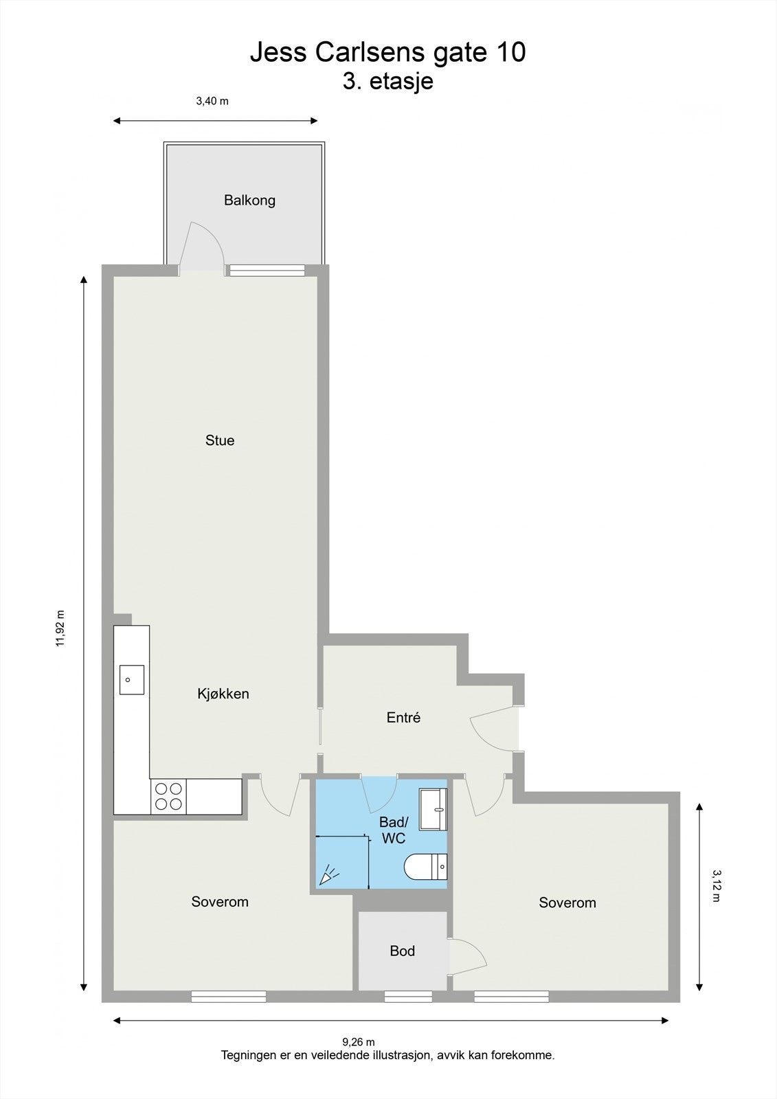 Leiligheten har en romslig og gjennomgående planløsning med entré, 2 soverom, innvendig bod, bad, stue/kjøkken i åpen løsning og en herlig balkong. Galleribilde
