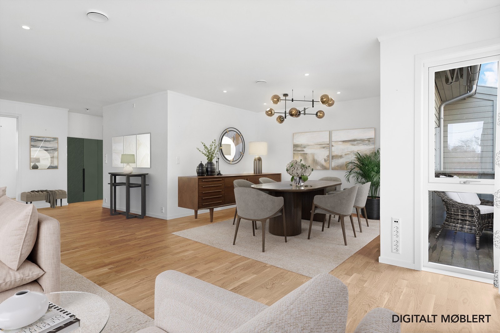 Del av stuen - god plass til spisegruppe. Bildet er digitalt møblert. Galleribilde
