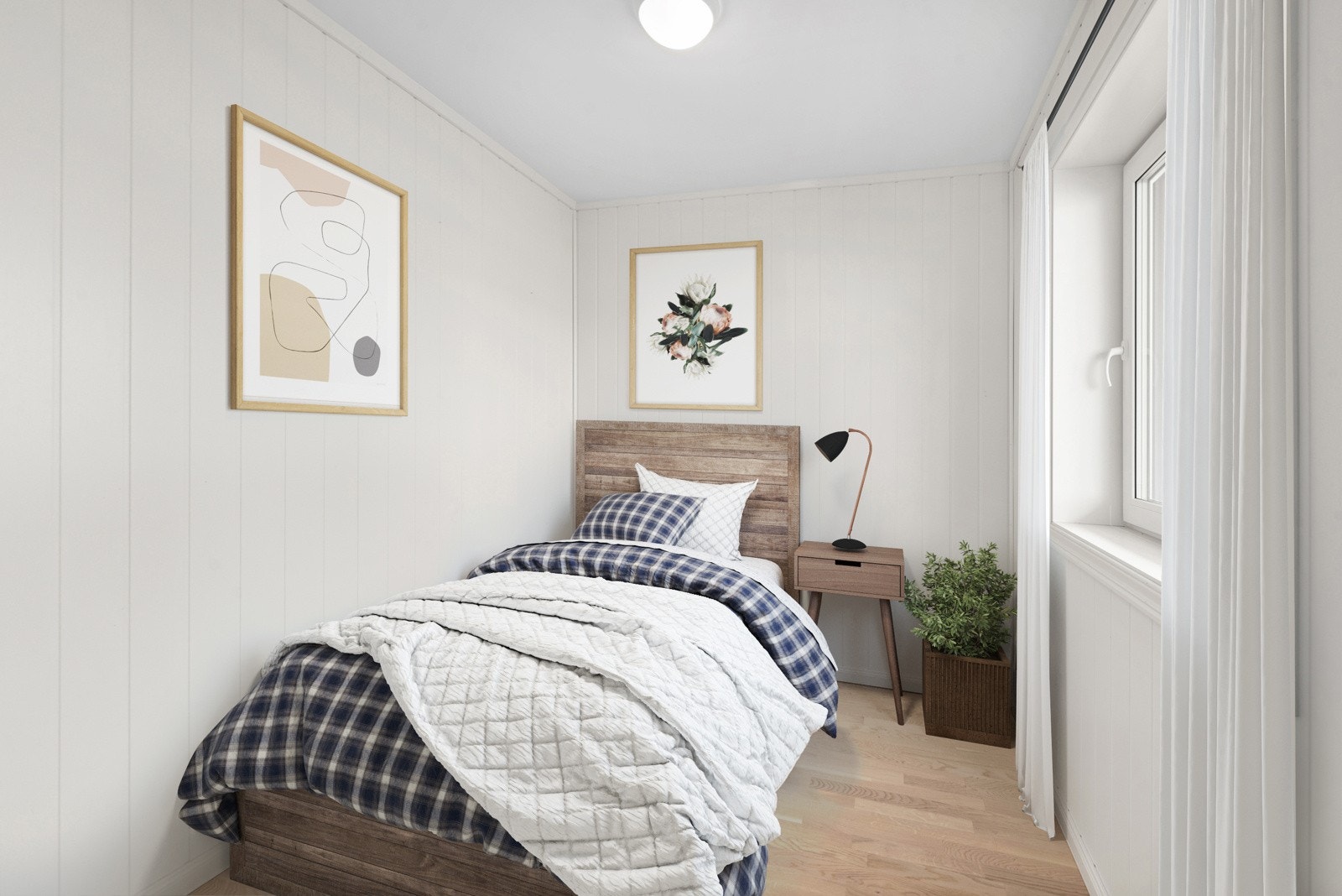 Parkett på gulvet og panelplater på vegg. Digitalt innredet bilde. Galleribilde