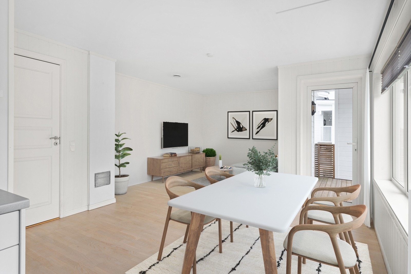 Naturlig soneinndeling for salong og spisebord. Digitalt innredet bilde. Galleribilde