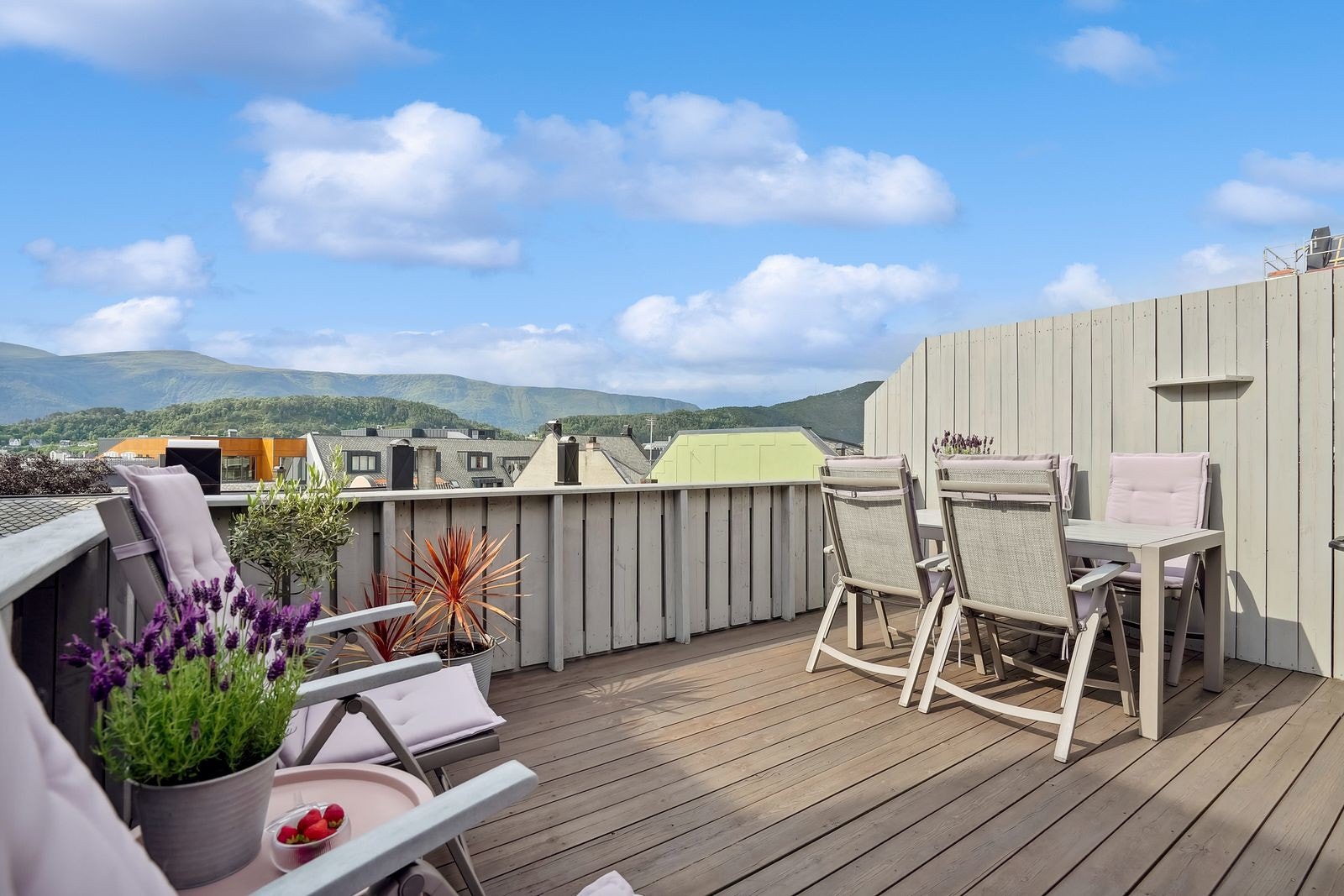 Utsikt mot sør fra terrassen. Dekke, levegg og rekkverk er for øvrig helt nybeiset Galleribilde