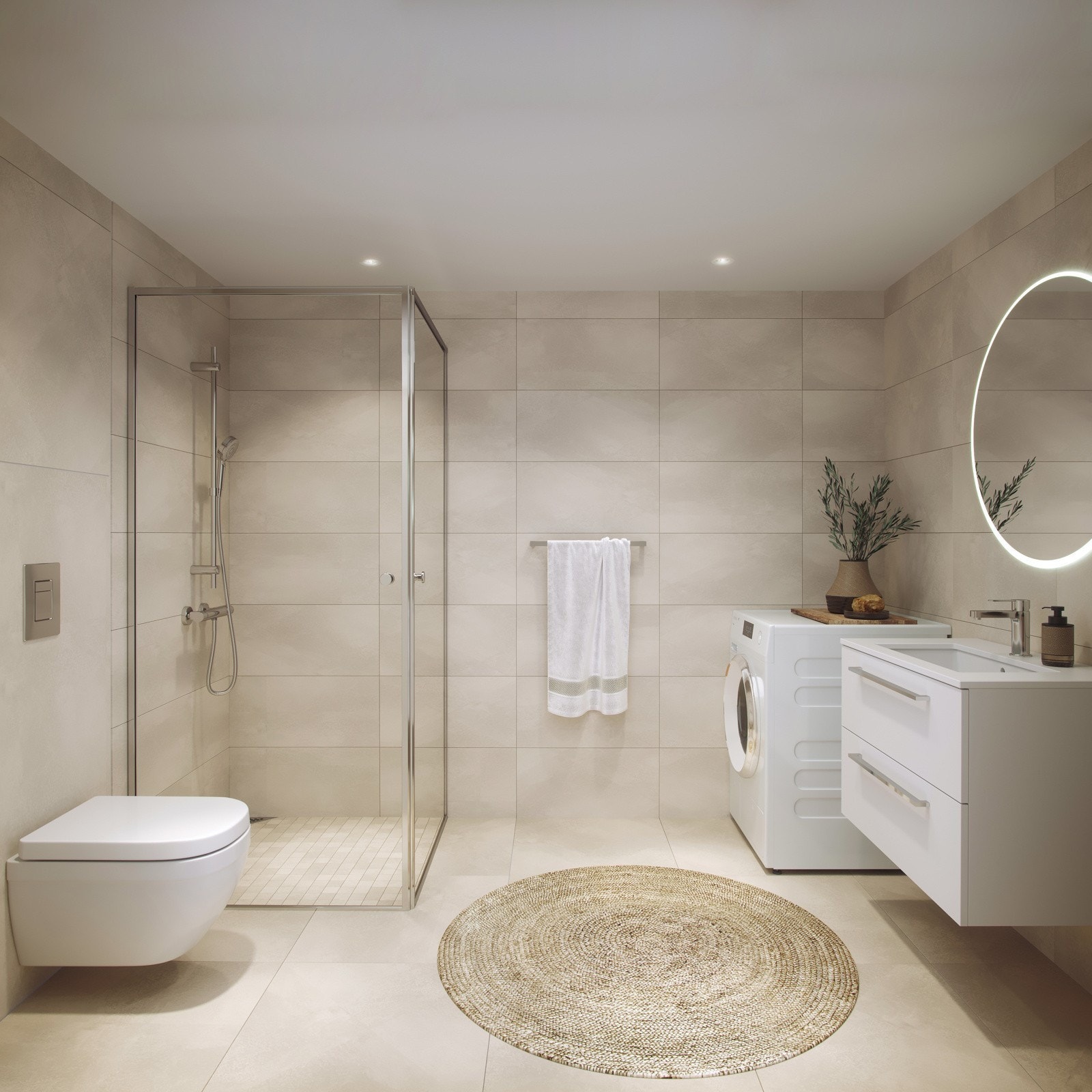 Badene i Smiehagen leveres med store fliser i 60x60 cm på gulv og 60x30cm på vegg. Galleribilde