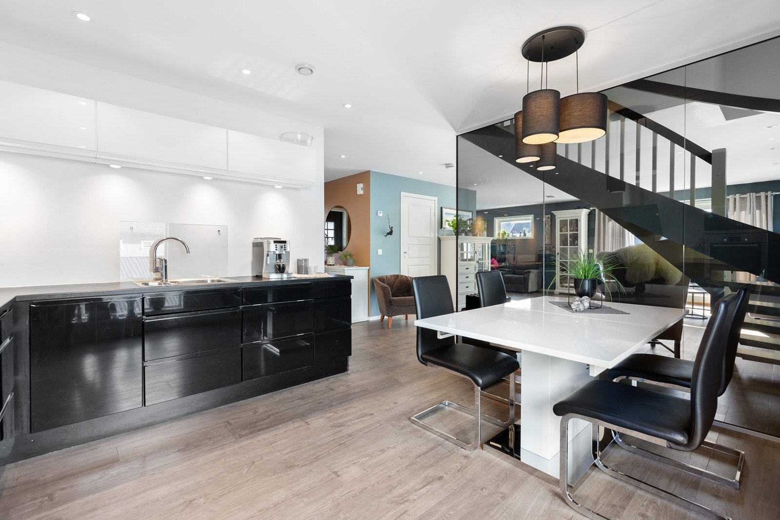 Glassvegg mellom stue og kjøkken gir en åpen og lys atmosfære Galleribilde