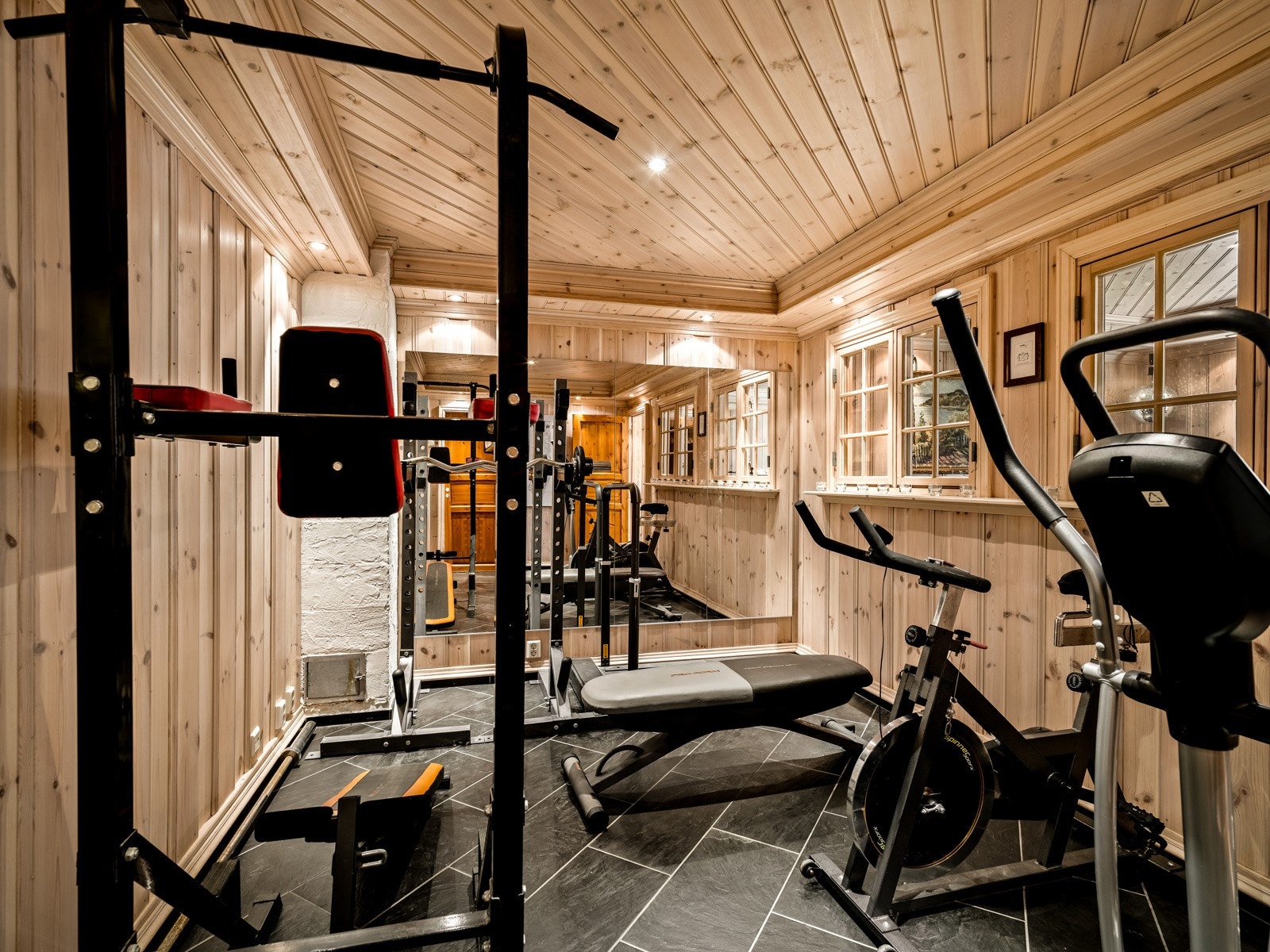 Treningsrommet i kjelleren med direkte tilgang til bad og badstue. Galleribilde