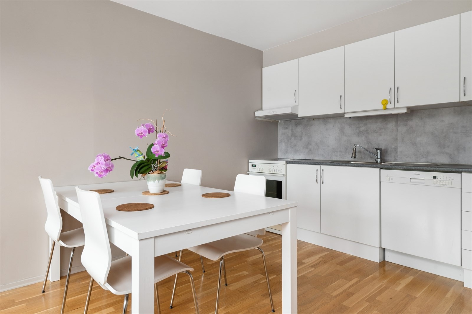 Kjøkkenet er innredet med mekanisk avtrekksvifte over stekesonen og opplegg for vaskemaskin. Galleribilde