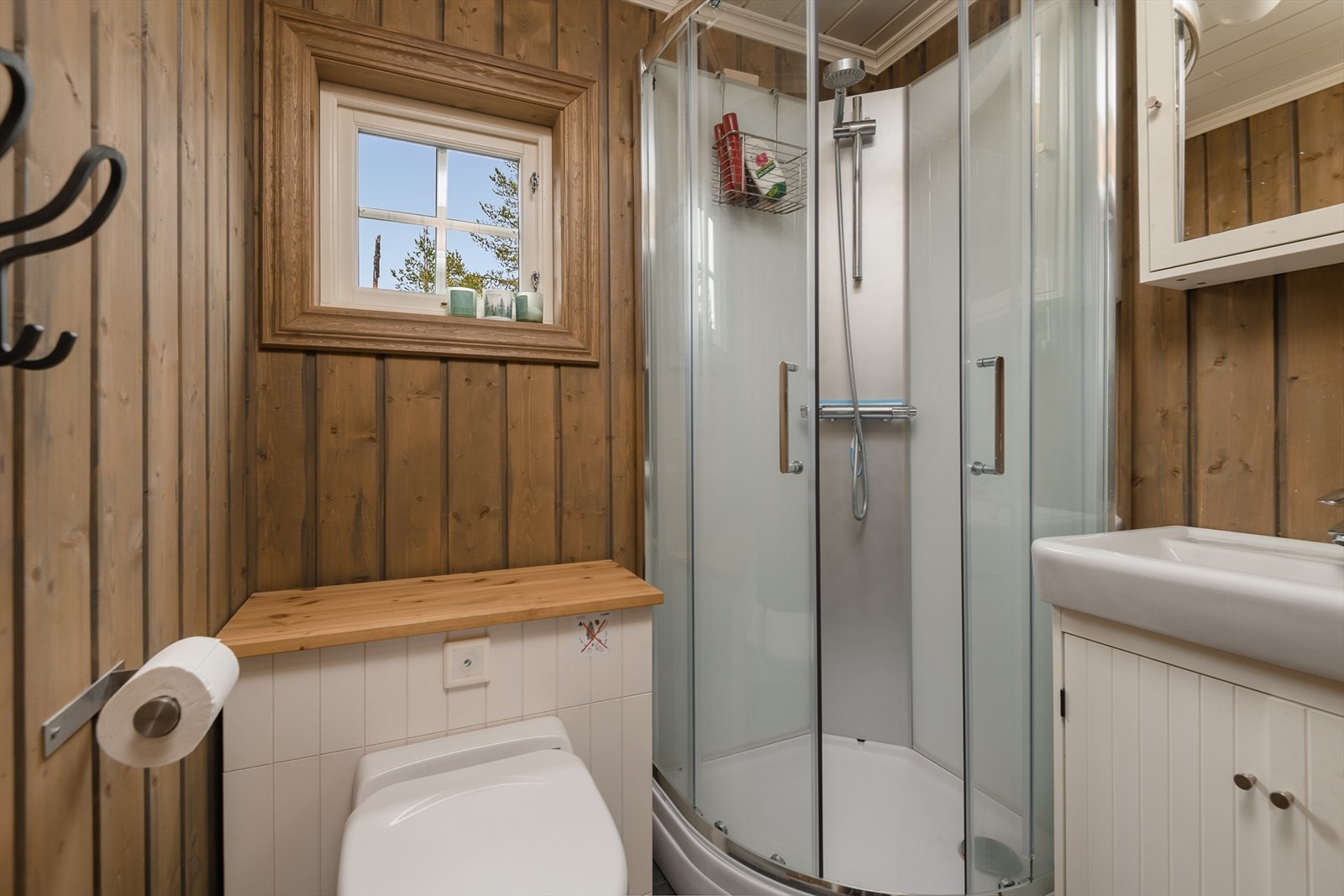 Hyttebad har dusjkabinett og Jetzdo med lukket tank. Vann hentes i vannpost. Internt vannsystem i hytta med slamavskiller. Galleribilde