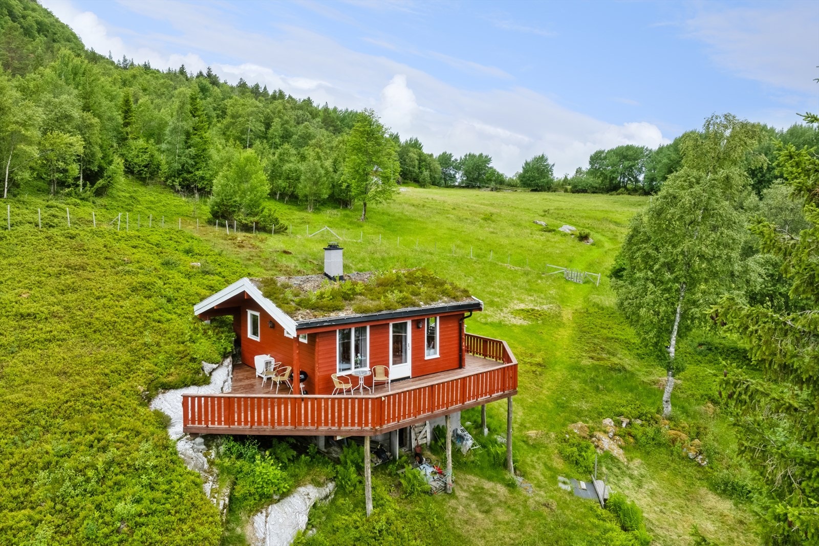 Hytta ligger høyt og usjenert i terreget - et lite ferieparadis med fullstendig ro. Galleribilde