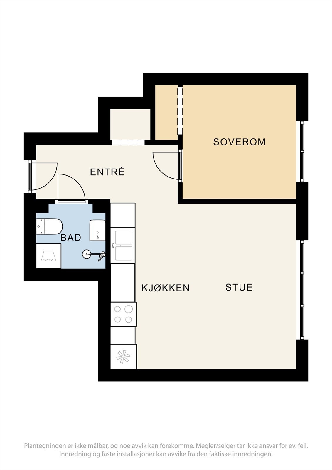 Plantegning- Leiligheten ligger i byggets 3.etasje og er på 36 kvm. Galleribilde