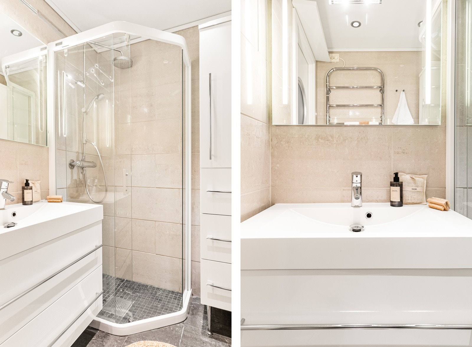 Badet er helfliset med innfelte downlights i tak og varmekabler i gulv. Galleribilde