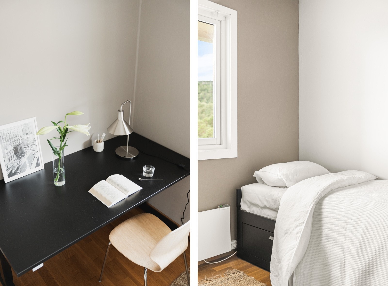 Også her er det trestavs eikeparkett på gulv og malte platekledning på vegger. Galleribilde