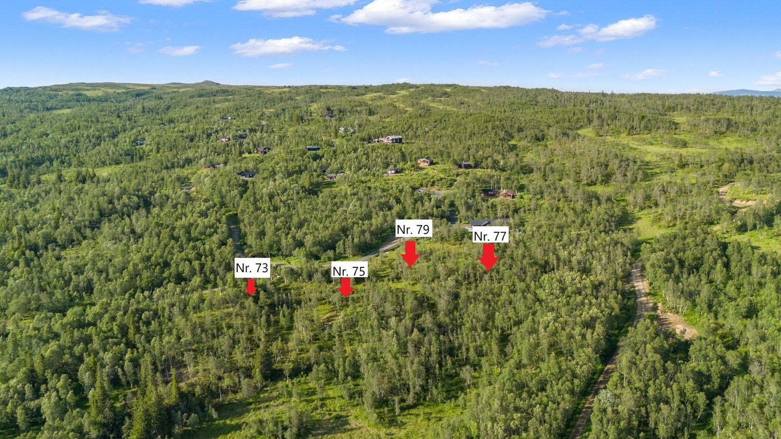 Oversikt over tomtene. Merkingen er kun ment som et estimat. Feil kan forekomme. Se vedlagt matrikkelbrev for eksakt plassering av tomtene. Galleribilde