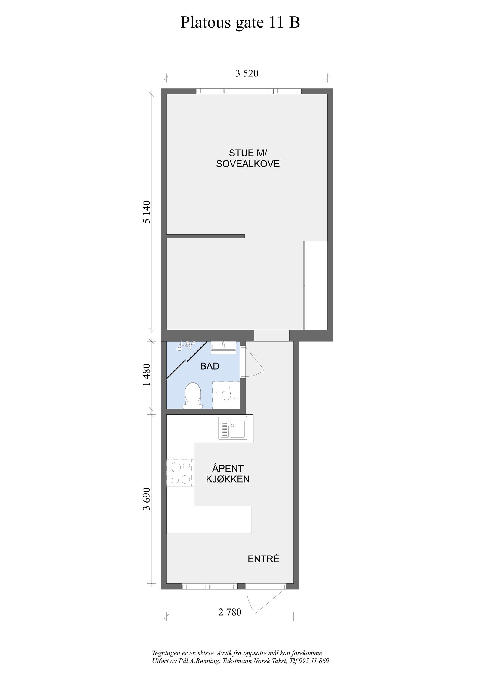 Kjøkken med utgang til fellesareal/svalgang, bad/wc, stue med sovealkove. Utover overnevnte areal disponerer leiligheten en kjellerbod på ca 2,2 kvm. Galleribilde