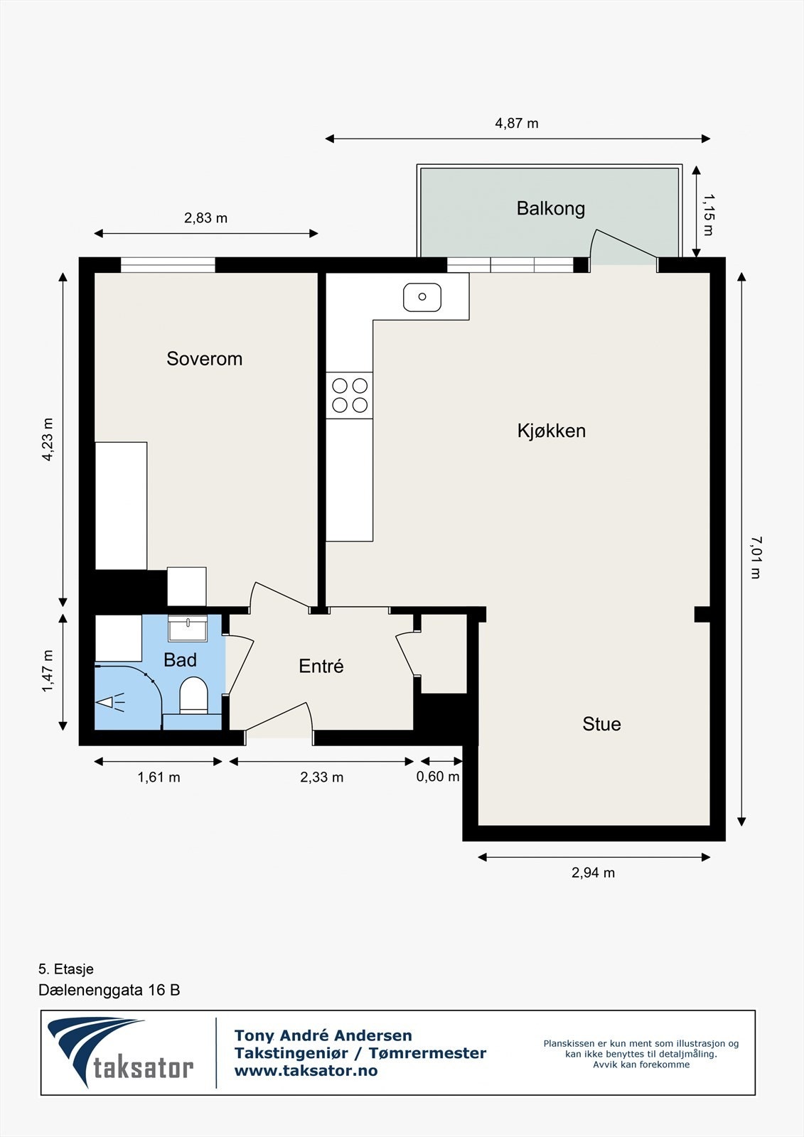 Plantegning fra takstmann. Leiligheten har en gjennomtenkt planløsning med entré, stue og kjøkken, soverom, bad og innvendig bod. Kjellerbod for lagring. Galleribilde