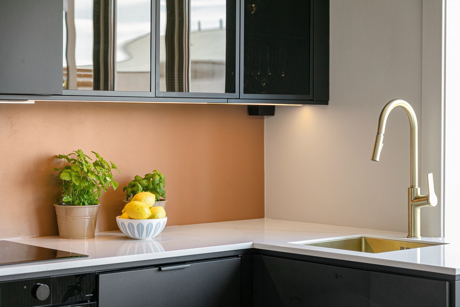 Innredningen er mørk og stilren med lekker benkeplate i stein og god oppbevaringsplass i skuffer og skap. Galleribilde