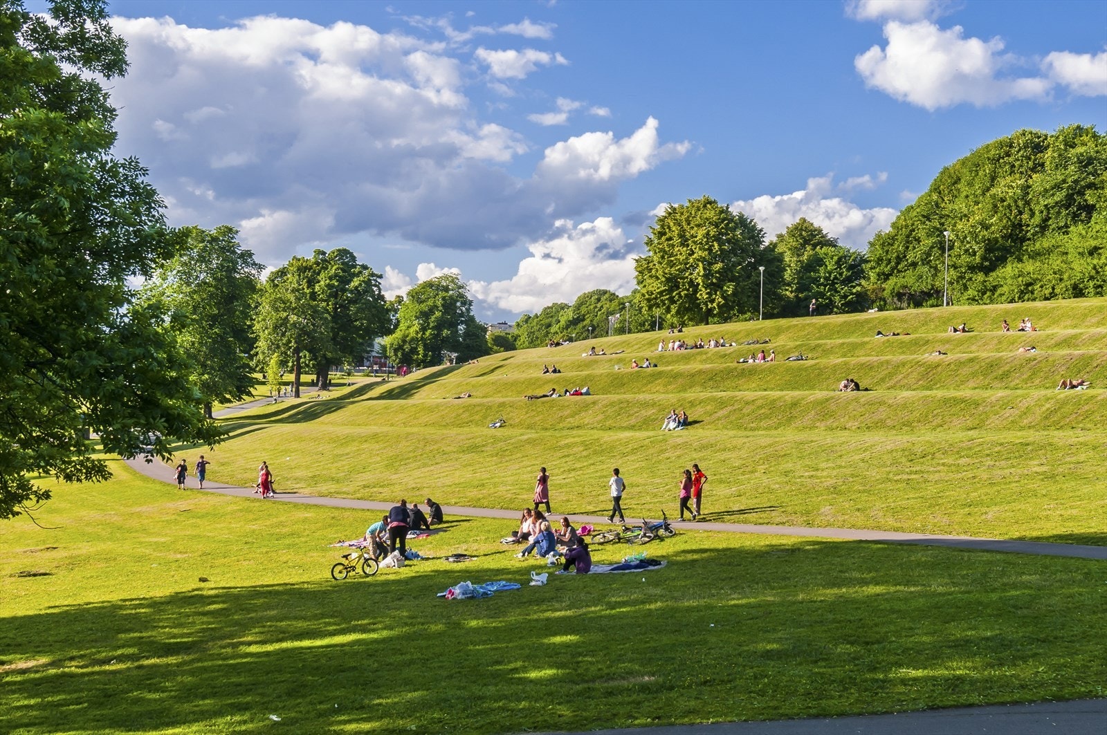 Varme, late sommerdager kan nytes på et grønt teppe i en av de mange parkene i nabolaget. Galleribilde