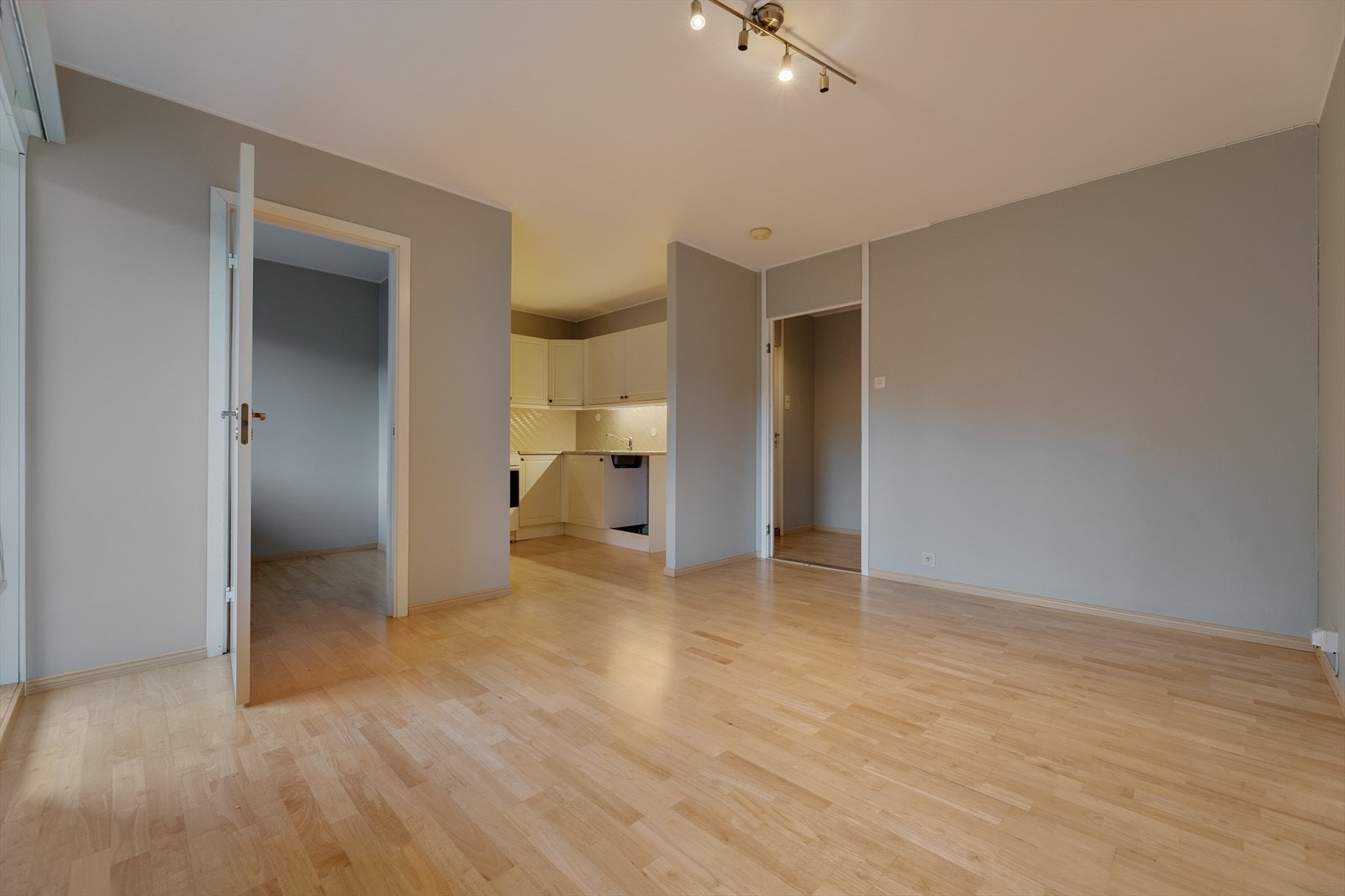 Romslig stue med parkettbelagt gulv og malte slette overflater. Galleribilde