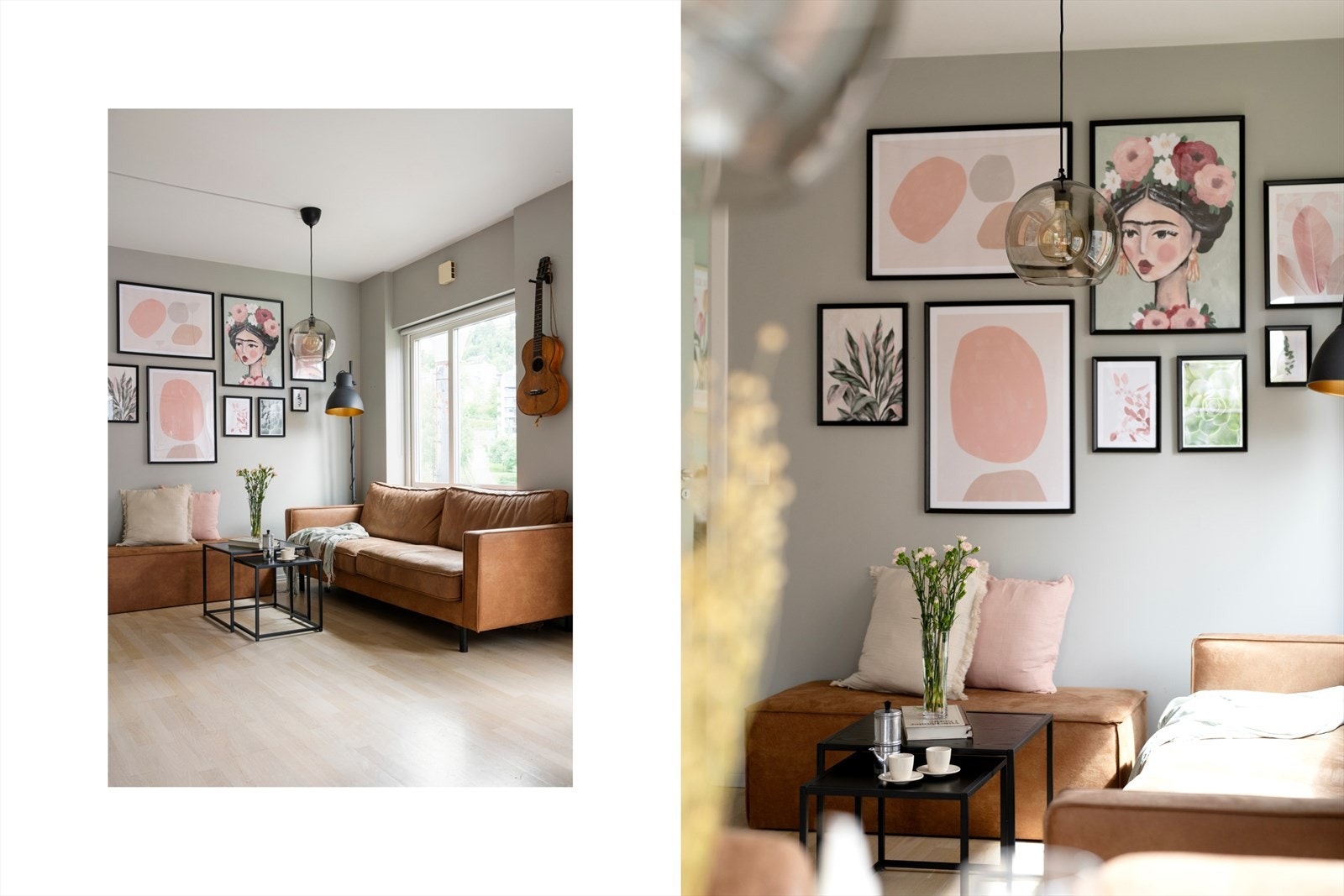 Innvendig møtes du av en luftig atmosfære der store vindusflater, god takhøyde og en åpen planløsning sørger for mye lys. Det er parkettgulv gjennomgående i alle oppholdsrom (stue, kjøkken og begge soverom) og innvendig bod. Galleribilde