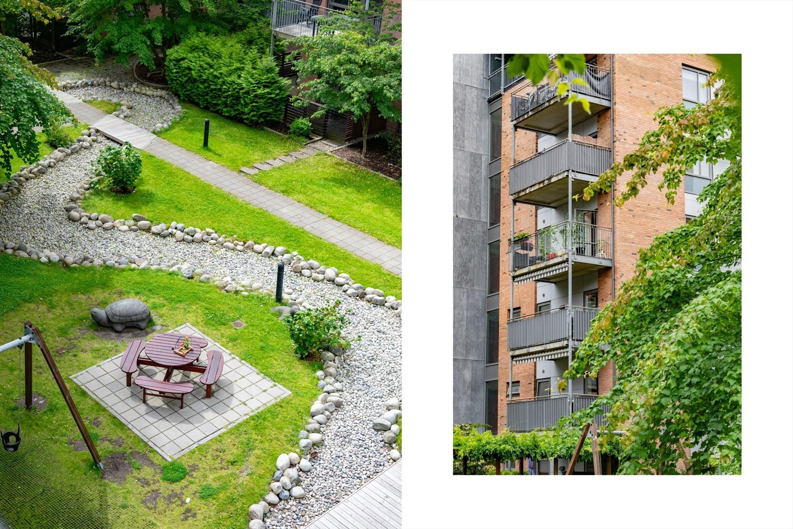 Fra balkongen har du utsikt ned mot den frodige bakgården med sittegrupper og flott beplantning. Det er også lekeapparater for de små, her kan du enkelt slappe av på balkongen og ha oversikt over de minste mens de trygt leker med nabobarna. Galleribilde