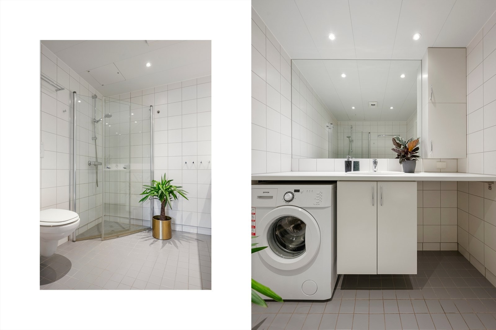 Badet har moderne innredning med blant anne innfellbare glassdører og vegghengt wc. Det er avsatt plass under benk for både vaskemaskin og tørketrommel. Galleribilde