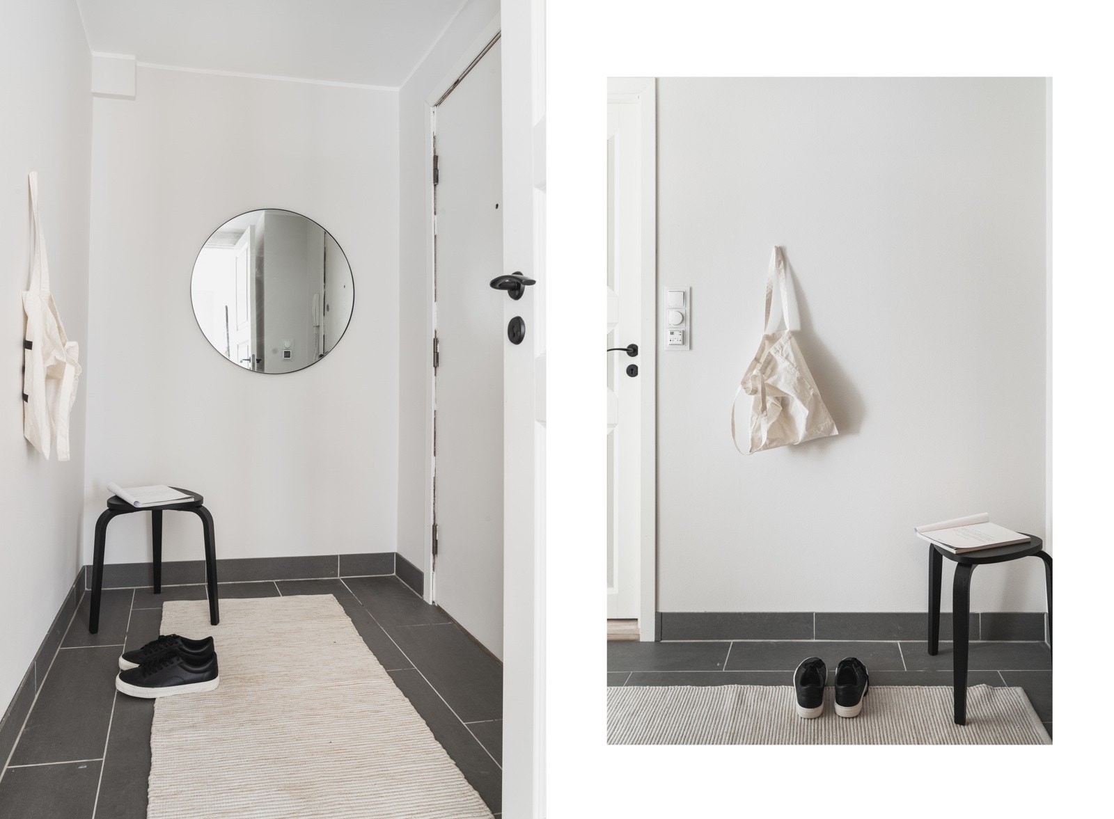 Man blir ønsket velkommen hjem i et pent opparbeidet inngangsparti. Entréen er romslig med fliser på gulv. Entréen har god plass til oppheng for både yttertøy og sko. Galleribilde