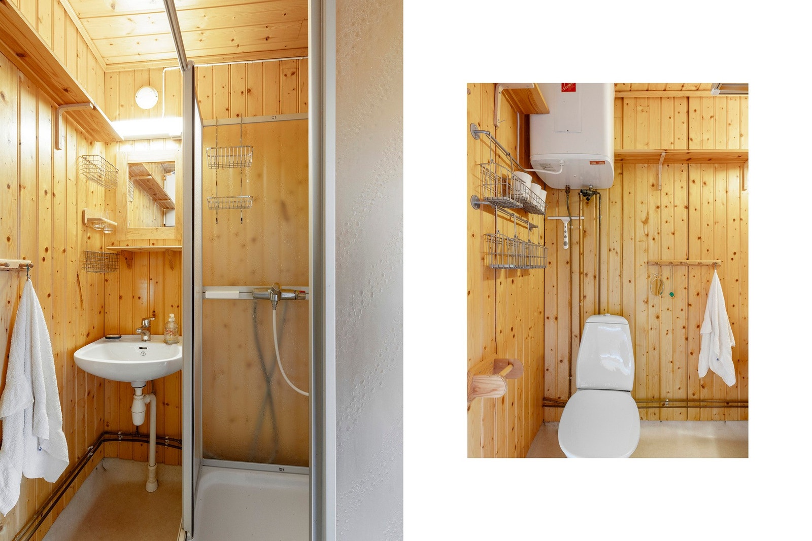 Baderom på 2,5 kvm med dusj, toalett og vask. Badet har innlagt vann. Galleribilde