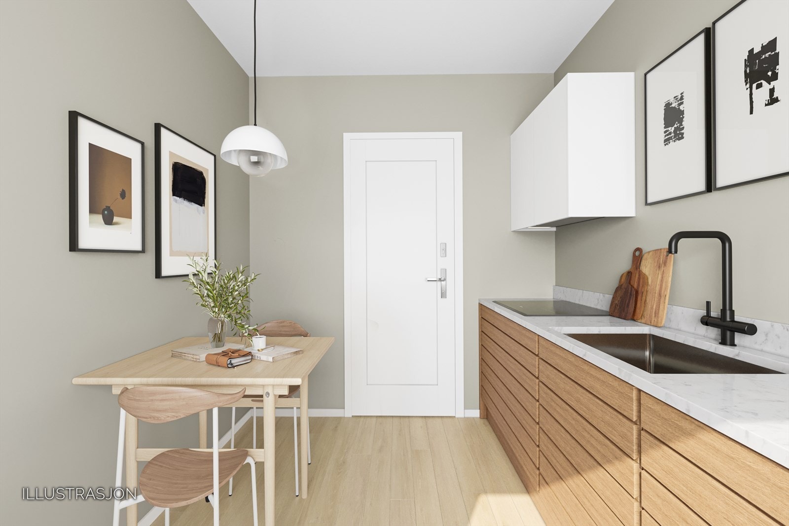 Illustrasjons med digital oppussing av kjøkkenet. Galleribilde