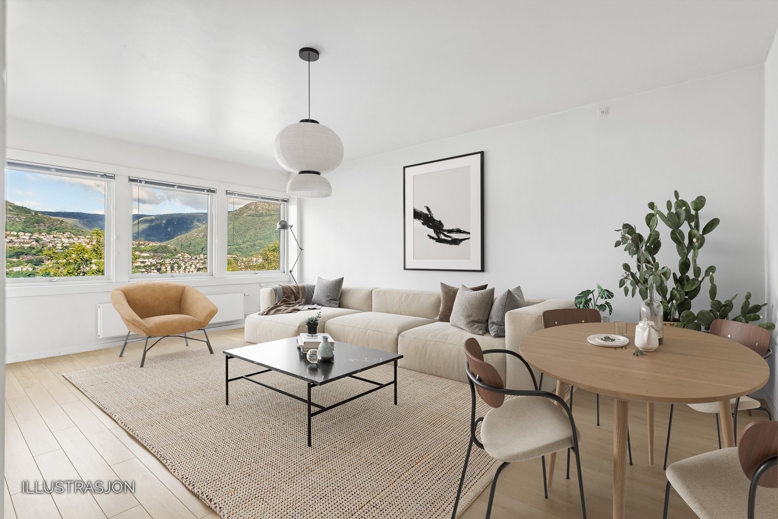 Illustrasjon med digital oppussing av stuen. Galleribilde