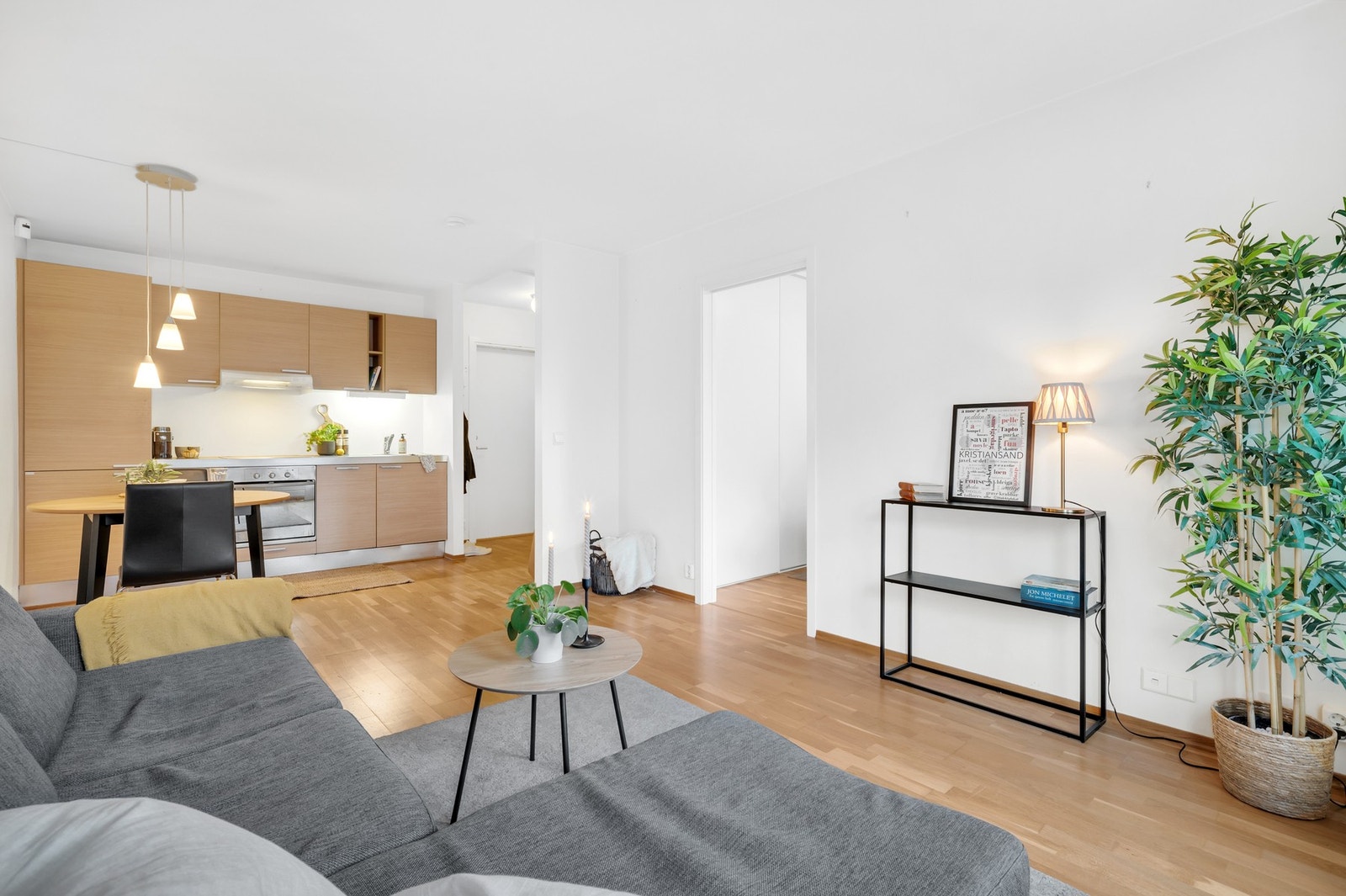 Den meget gode planløsning gjør leiligheten lett å innrede. Sofa og TV har sin naturlige plassering ved vinduet. Galleribilde