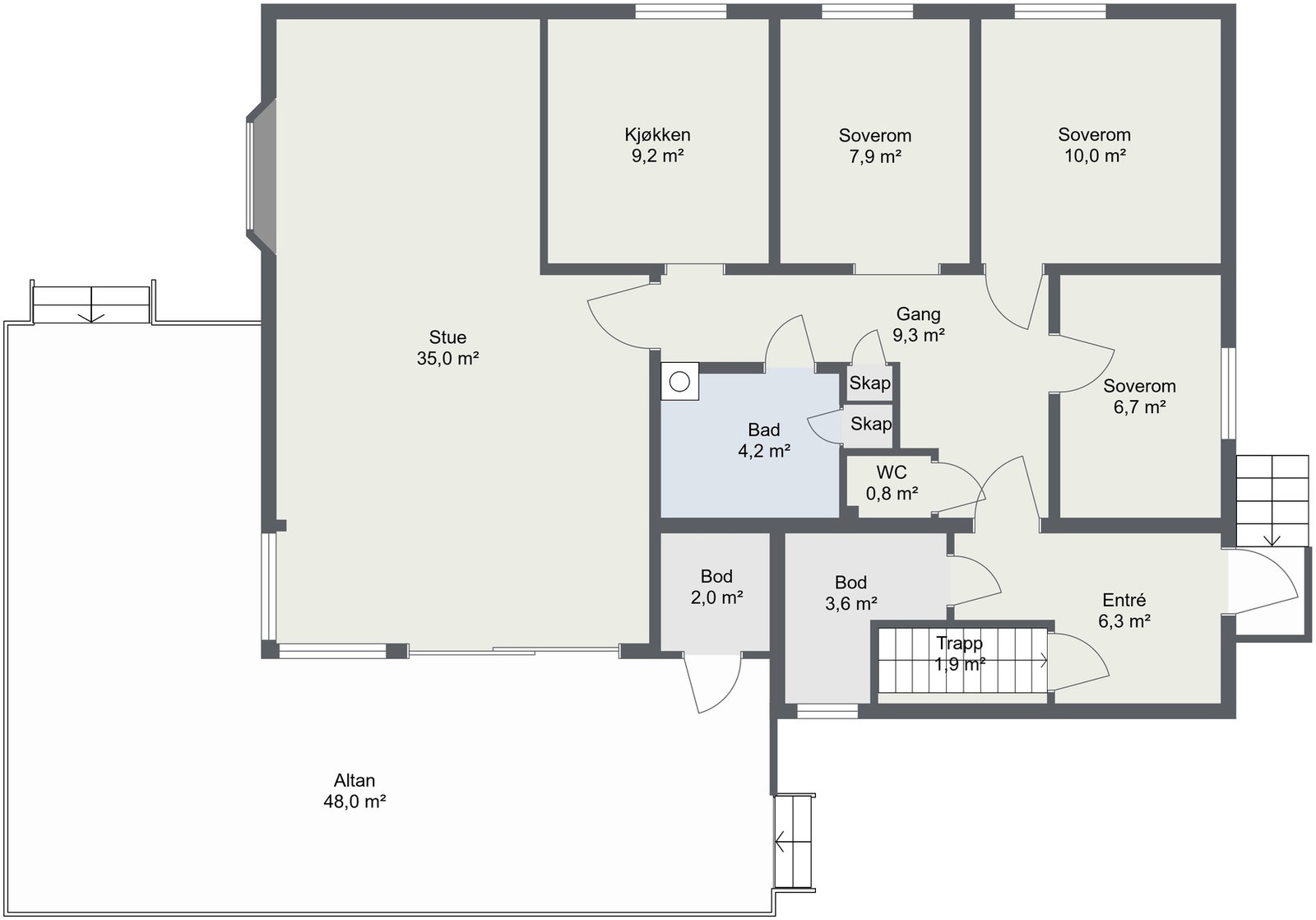 Boligen har en innholdsrik planløsning over 2 etasjer, vi begynner med hovedetasjen. Galleribilde