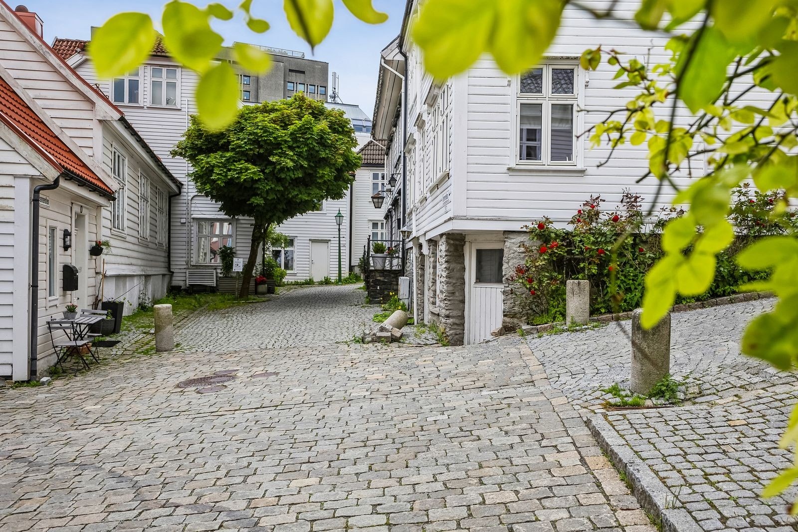 Idyllisk og rolig brosteinsbelagt gate. Galleribilde