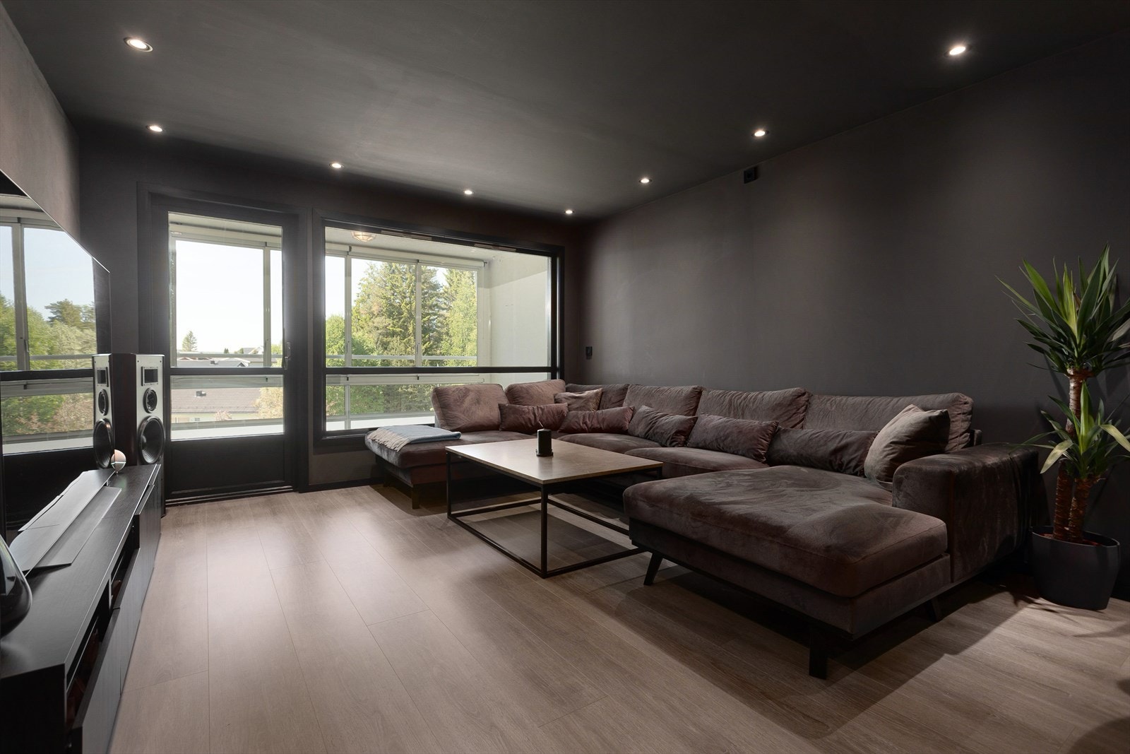 Stuen ble oppgradert i 2022 og har adkomst til innglasset terrasse. Galleribilde