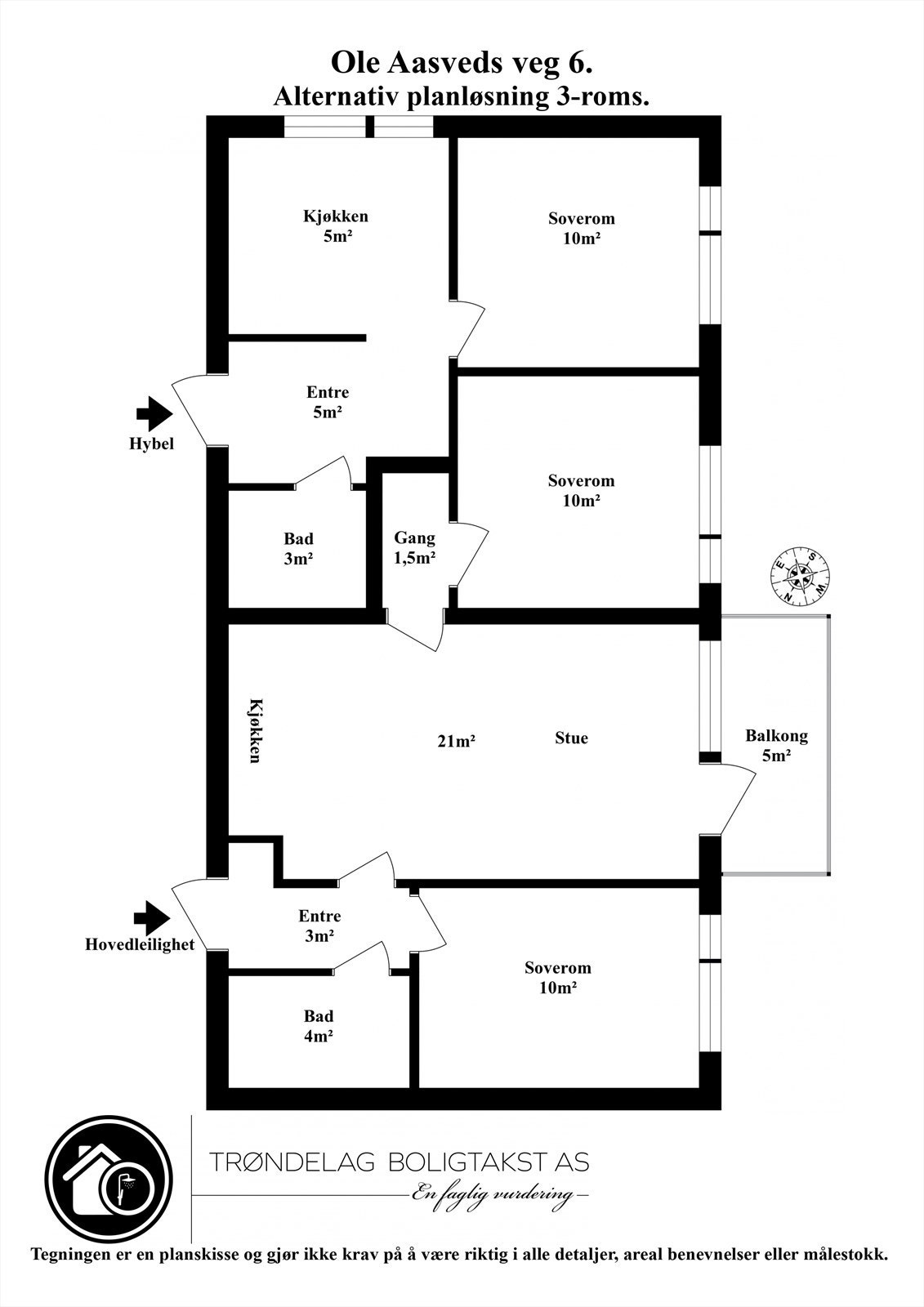Takstmann har utarbeidet en alternativ planskisse som viser at man enkelt kan inkludere et ekstra soverom på 10 m² inn i hoveddelen. Selger har satt stor pris på denne fleksibiliteten. Det er også mulighet for å benytte boligen som en 4-roms i sin helhet. Galleribilde