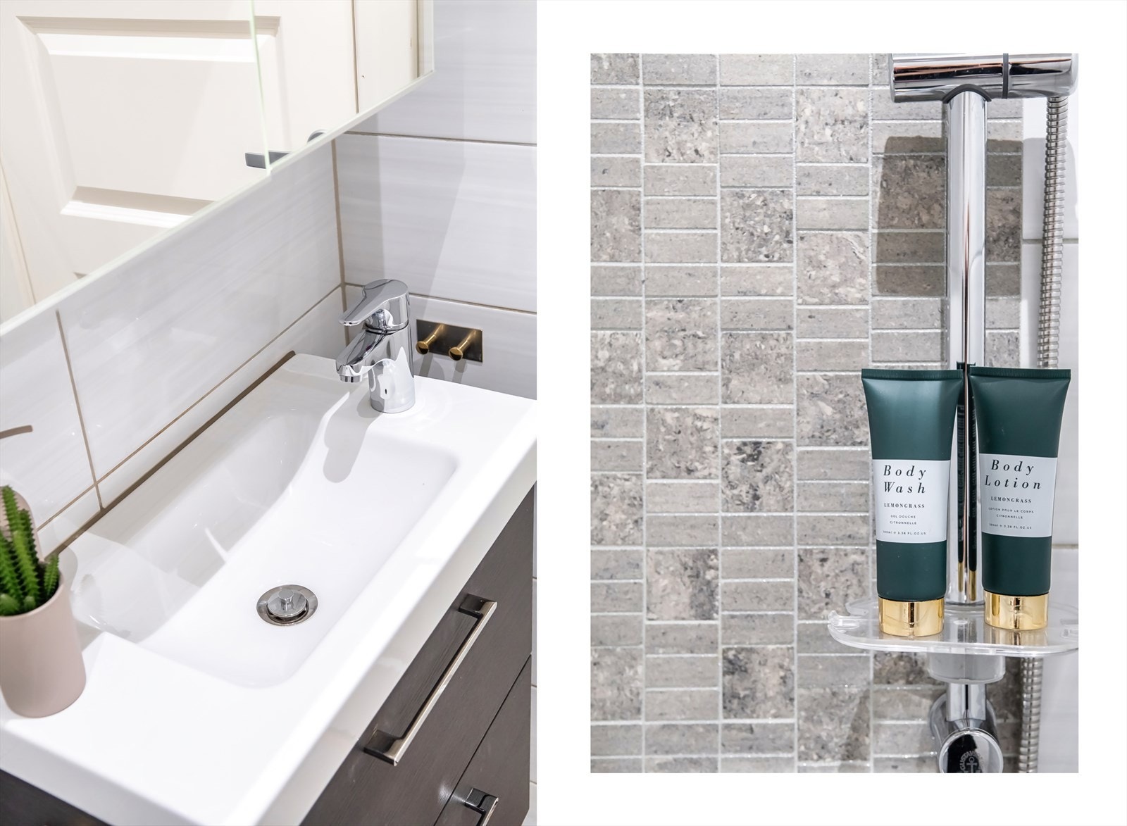 Badet er innredet med servant med skuffeseksjoner, speilskap, veggehengt toalett og hyller for oppbevaring. Galleribilde