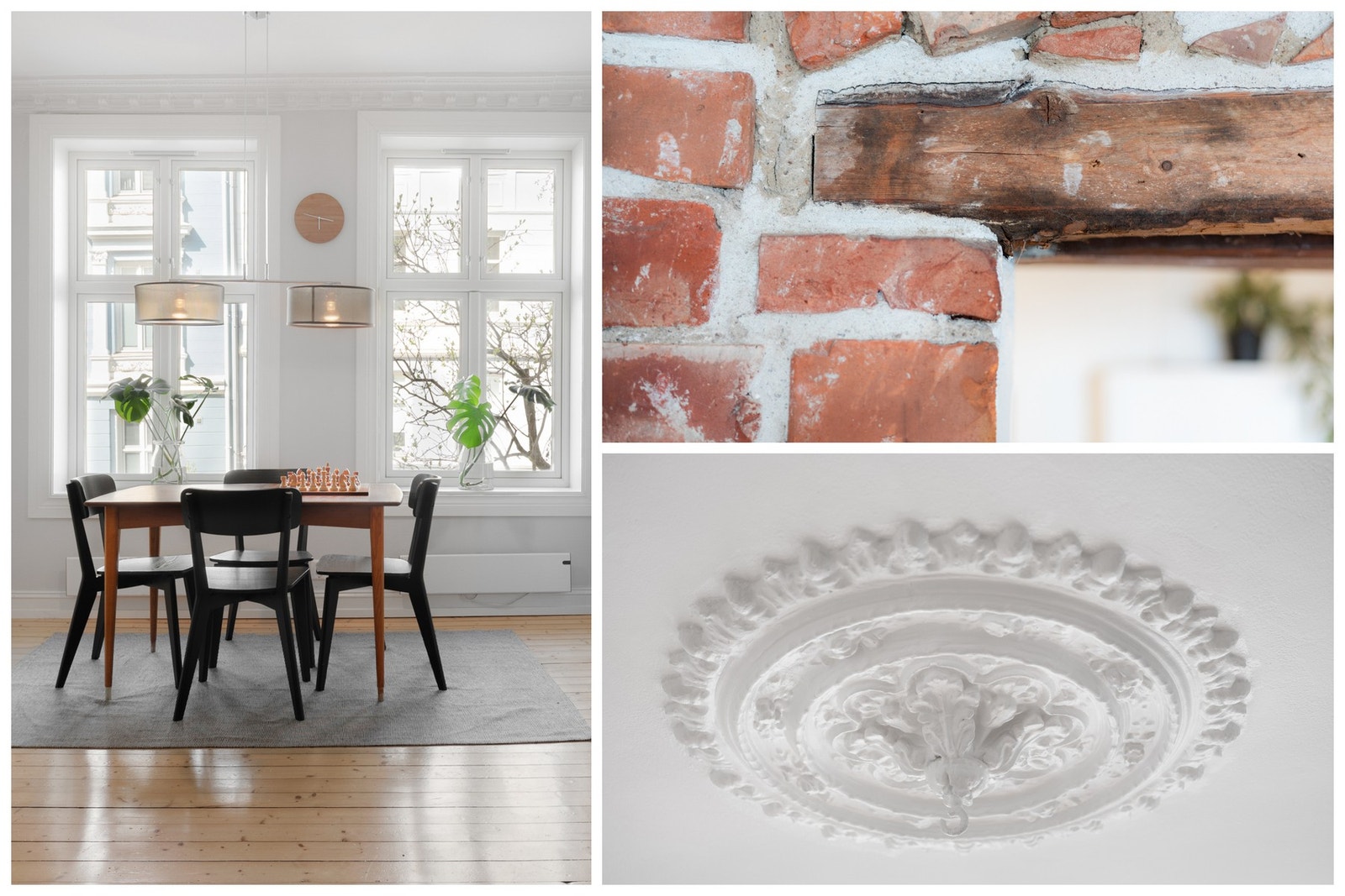 Kjøkkenet er vakkert utsmykket med teglsteinsvegg, stukkatur og rosett. Galleribilde