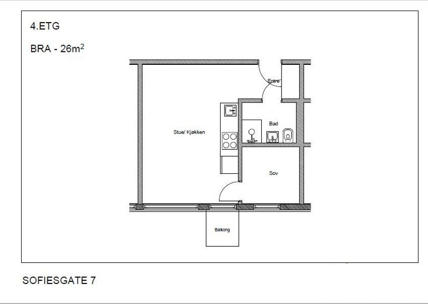 Plantegning. Leiligheten ligger i 4. etasje med heisadkomst. Galleribilde