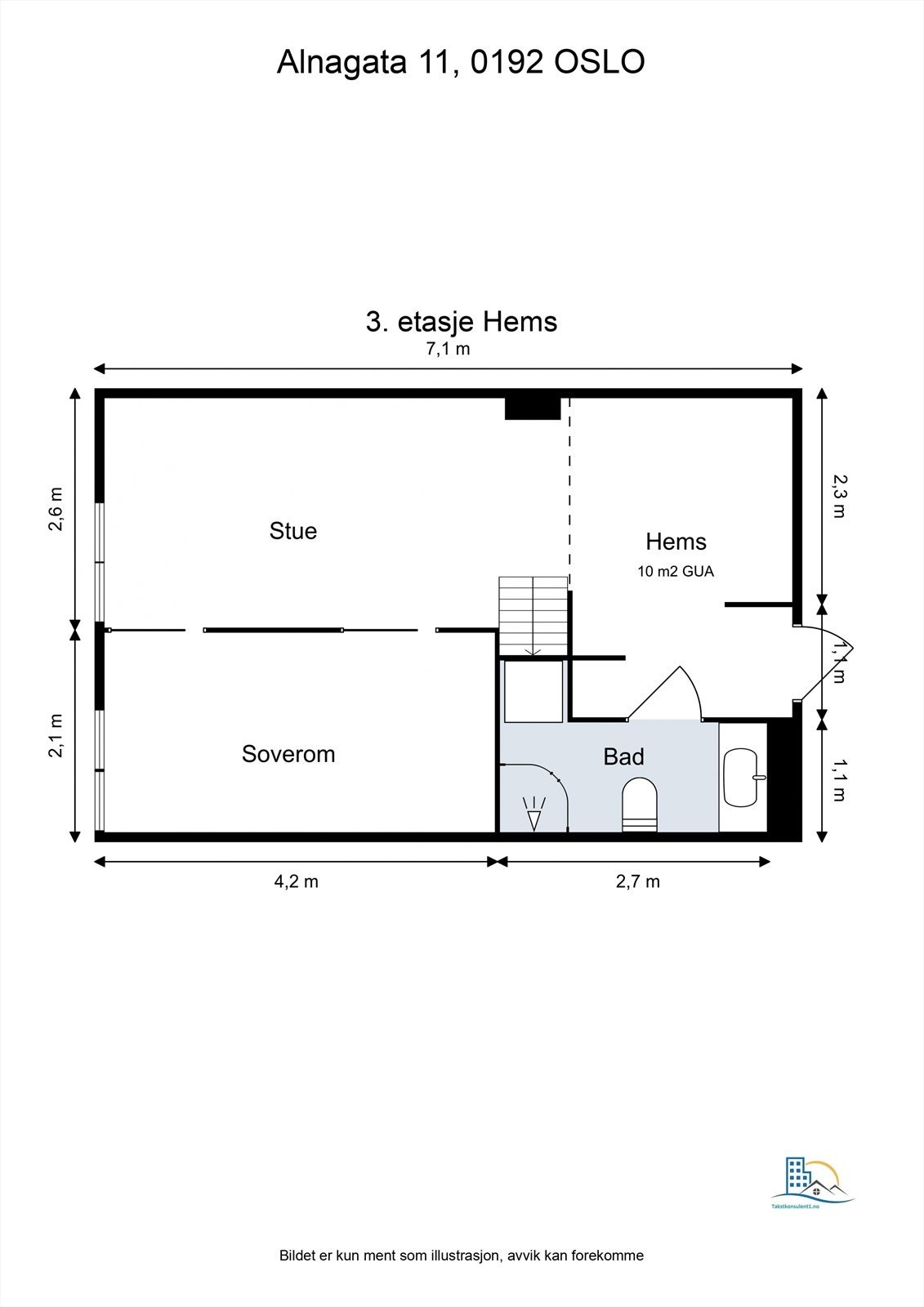 Leiligheten har også hems, her til orientering på plantegning. Galleribilde