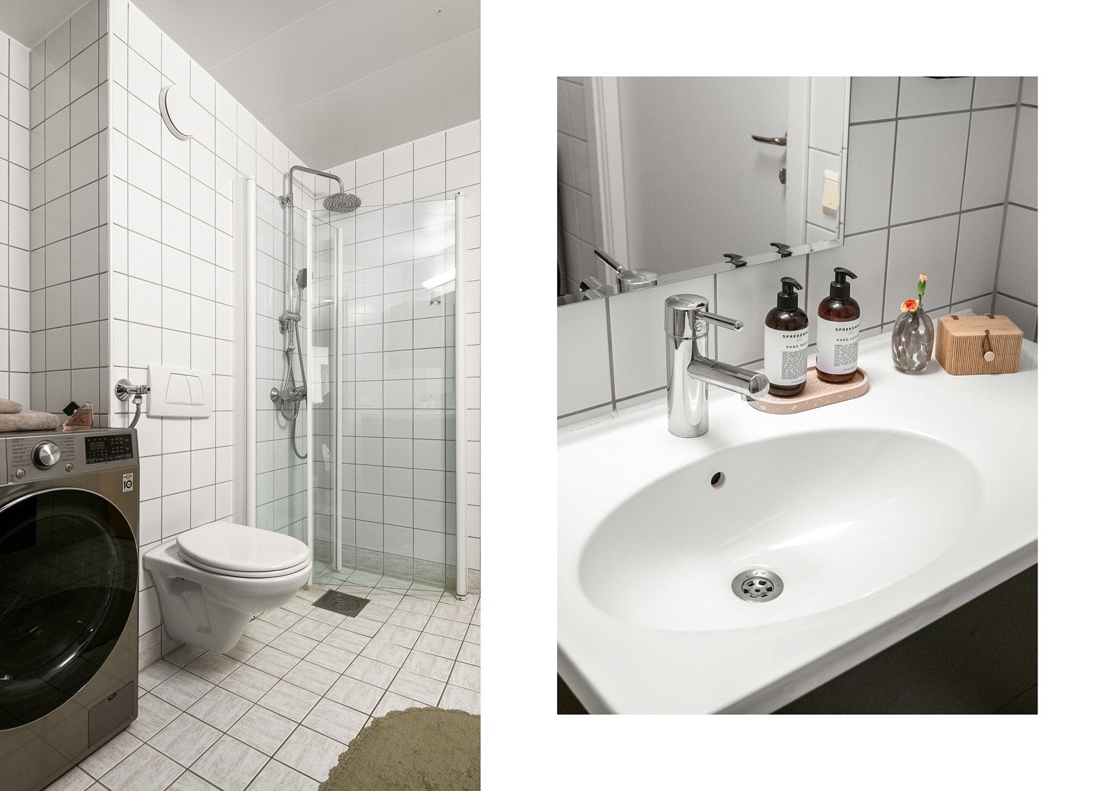 Badet er flislagt med varmekabler i gulv og veggmontert toalett. Dusjhjørne med plassbesparende glassdører som kan svinges inn utenom bruk, opplegg til vaskemaskin og plass for tørketrommel. En praktisk baderomsinnredning sørger for mye oppbevaringsplass. Galleribilde
