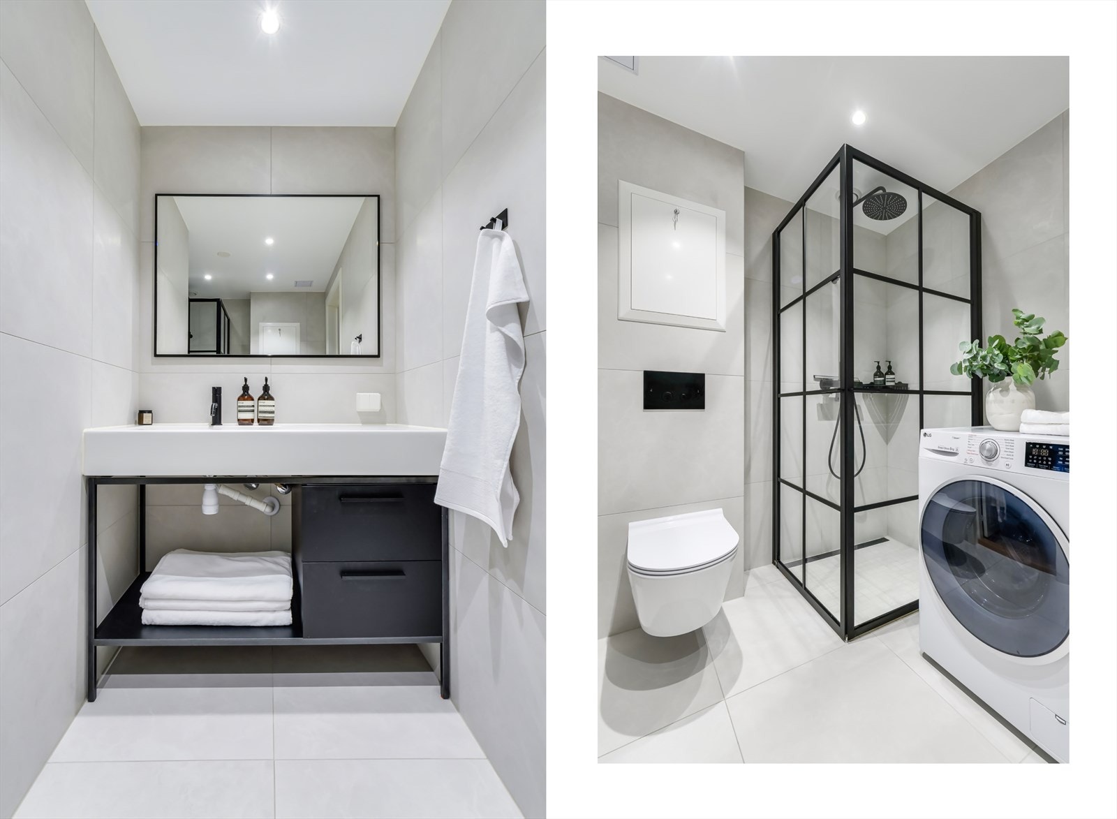 Badet er utført i svarte, lekre detaljer og moderne materialvalg. Galleribilde