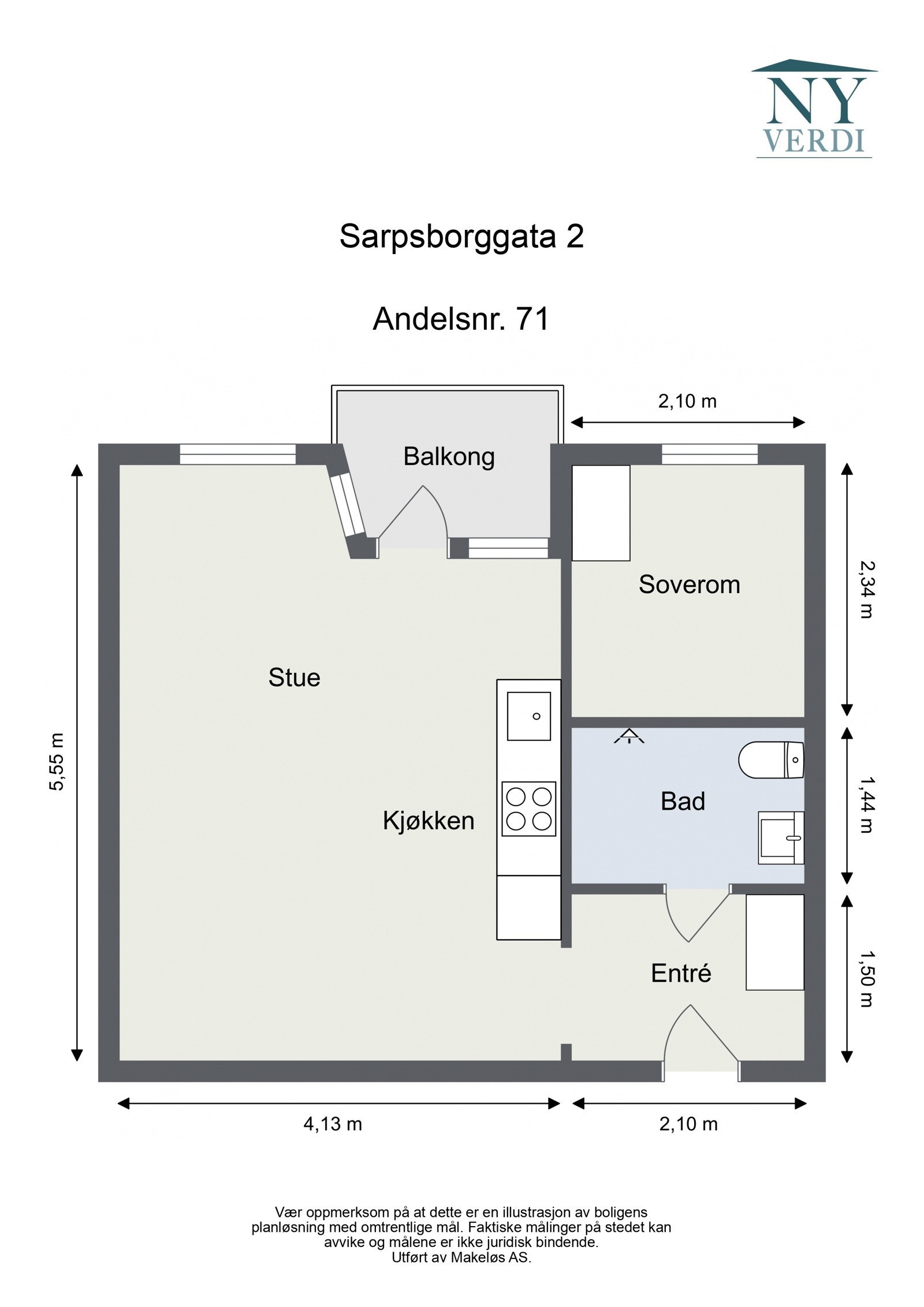 Plantegning. I tillegg har leiligheten tilgang til en ekstern bod. Heis i bygget. Galleribilde