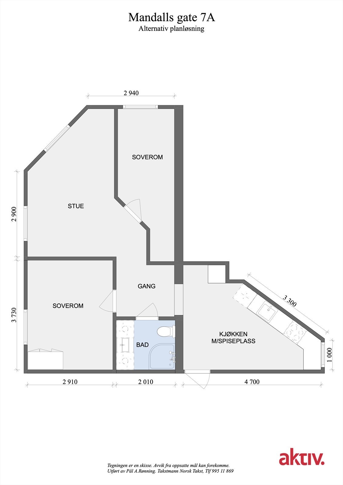Leiligheten kan få et soverom 2 ved å sette opp en lettvegg i stuen på høyre side. Planløsningen var slik da nåværende selger kjøpte. Galleribilde