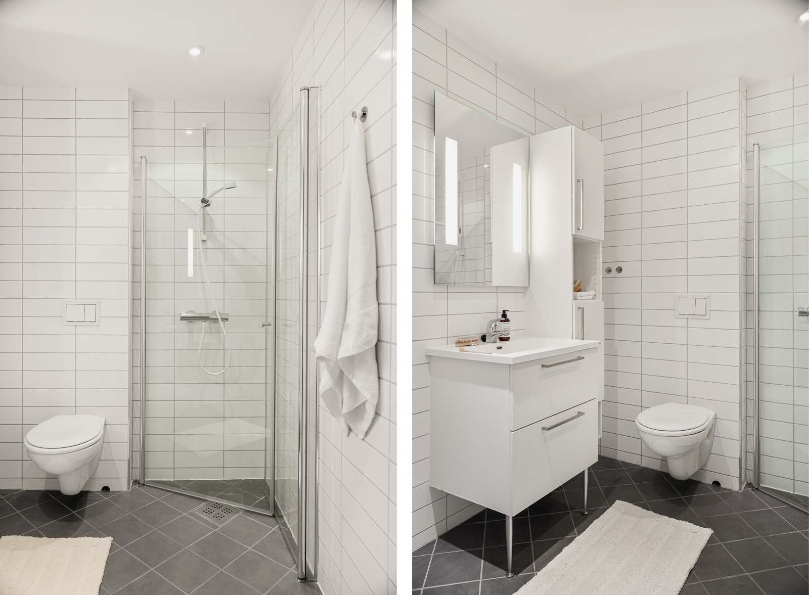 Badet er innredet med vegghengt toalett, baderomsinnredning og dusj med innfellbare glassvegger. Galleribilde