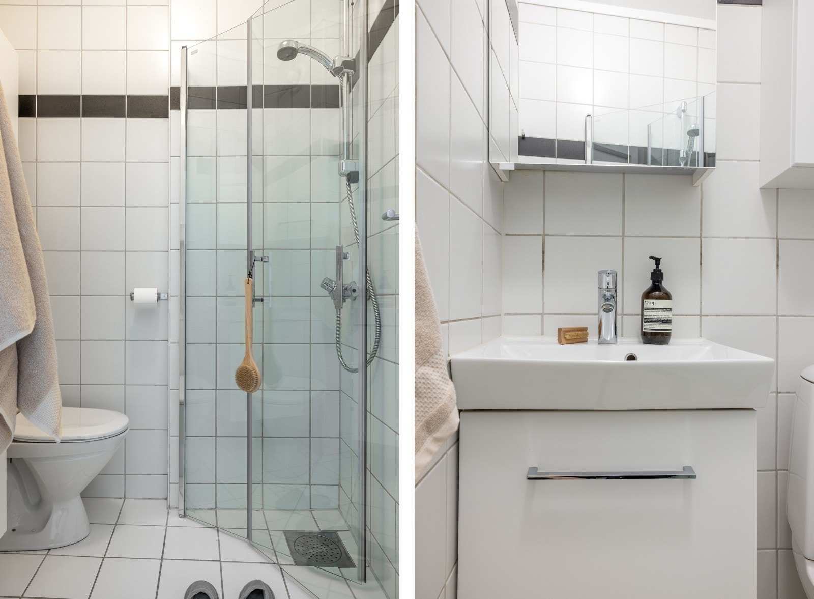 Badet er helfliset, med slett malt himling og størrelsen på badet er utnyttet til det ytterste. Galleribilde