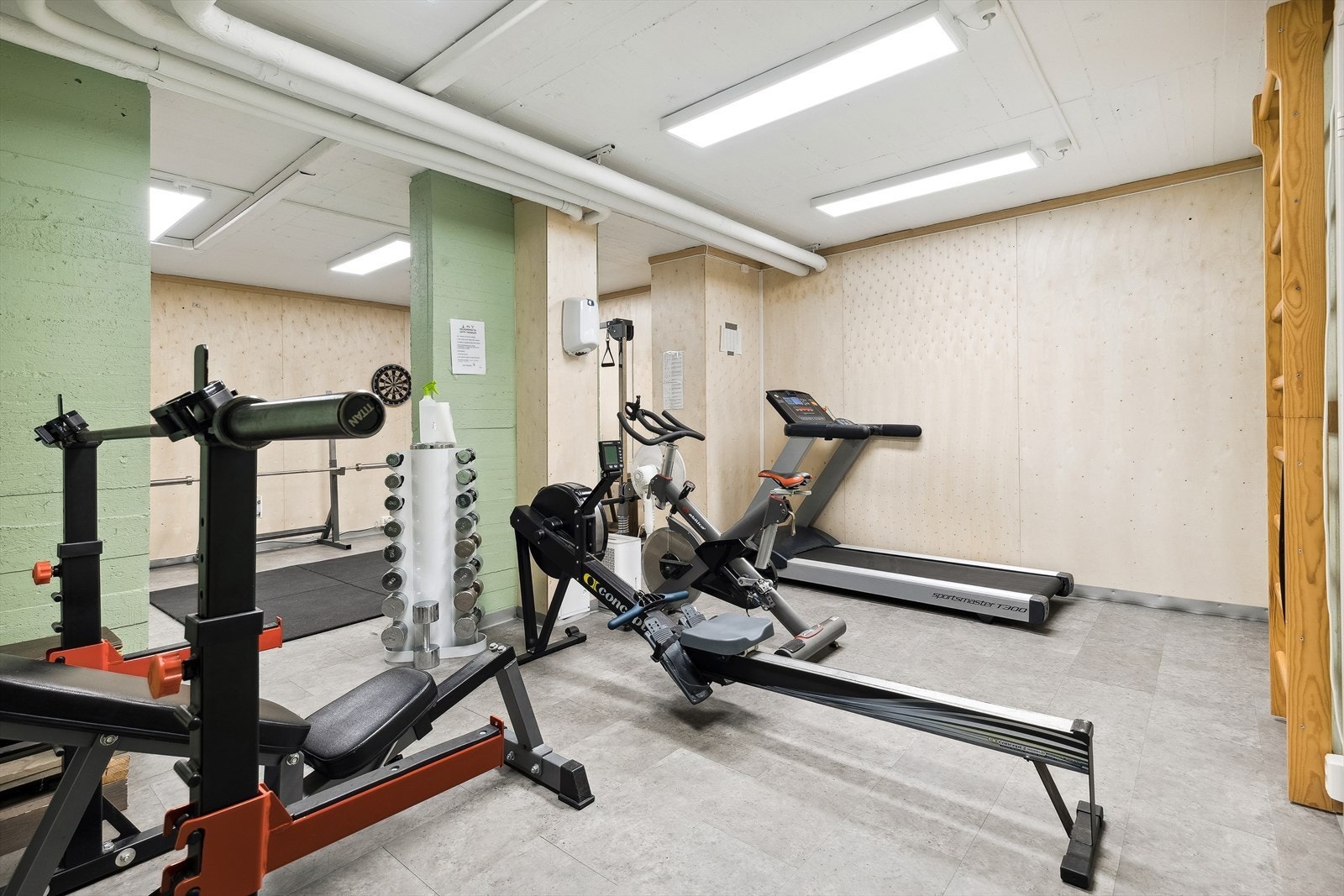 Treningsrom med både tredemølle, spinningsykkel, romaskin, markløftstang, kettlebell, medisinball, manualer med mer. Galleribilde